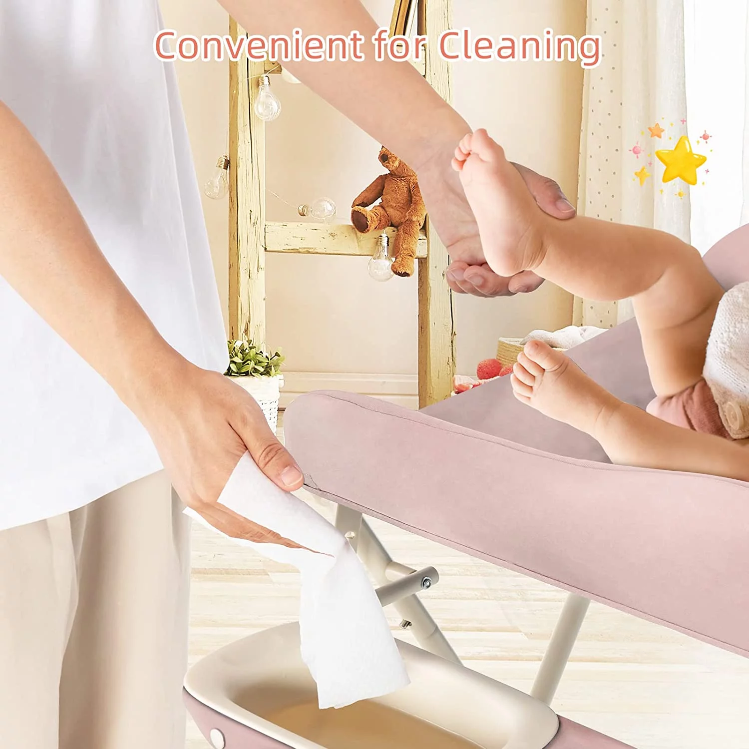 INFANS Portable Baby Changing Table, Folding Diaper Dresser Station with Wheels, Adjustable Height, Safety Belt, Drying and Storage Rack, Mobile Nursery Organizer Stand for Newborn Infant (Pink)