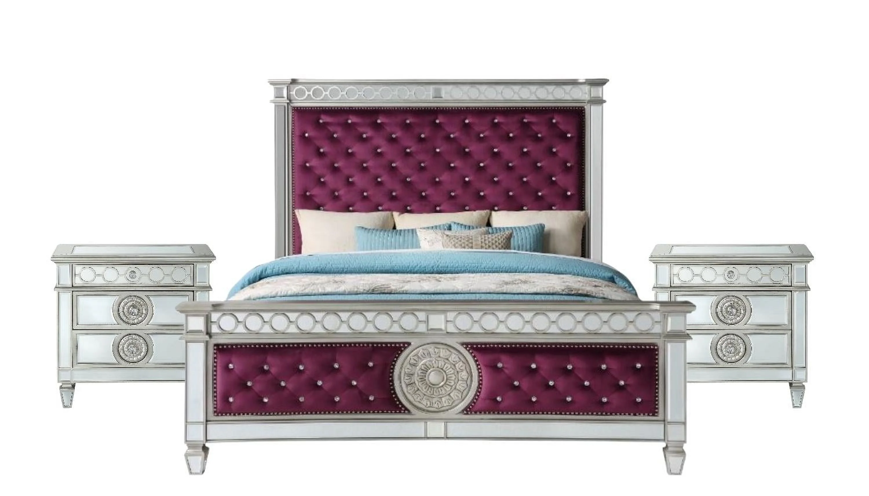 Burgundy Velvet & Mirrored Eastern King Bed Bedroom Set Acme Varian 27367EK-3pcs