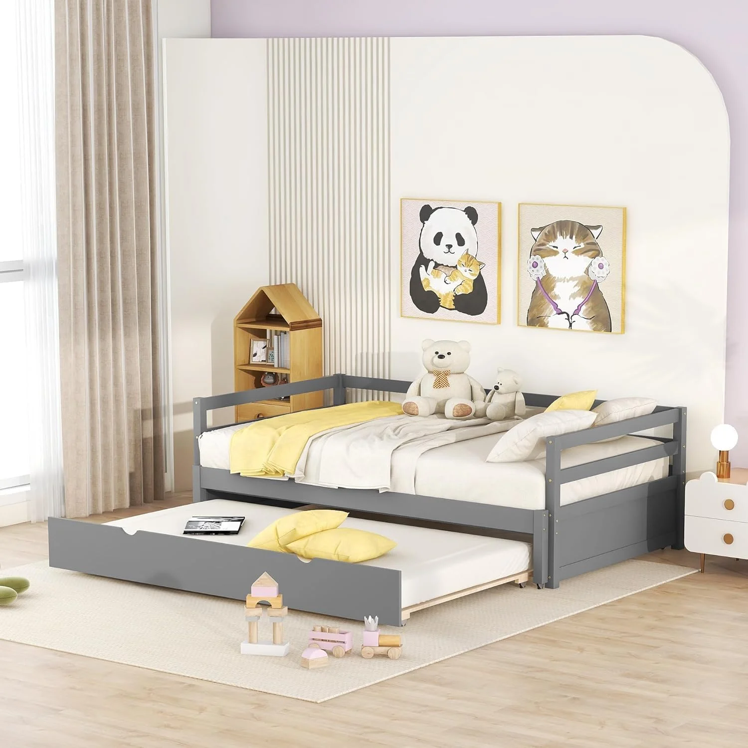 Exedable Daybed Wih rudle, Wood o Dble Daybed Wih Pull rudle, rudle Daybed For Kids ees, Exedig Sofa Bed For Livig Room, Bedroom, Gues Room,Grey