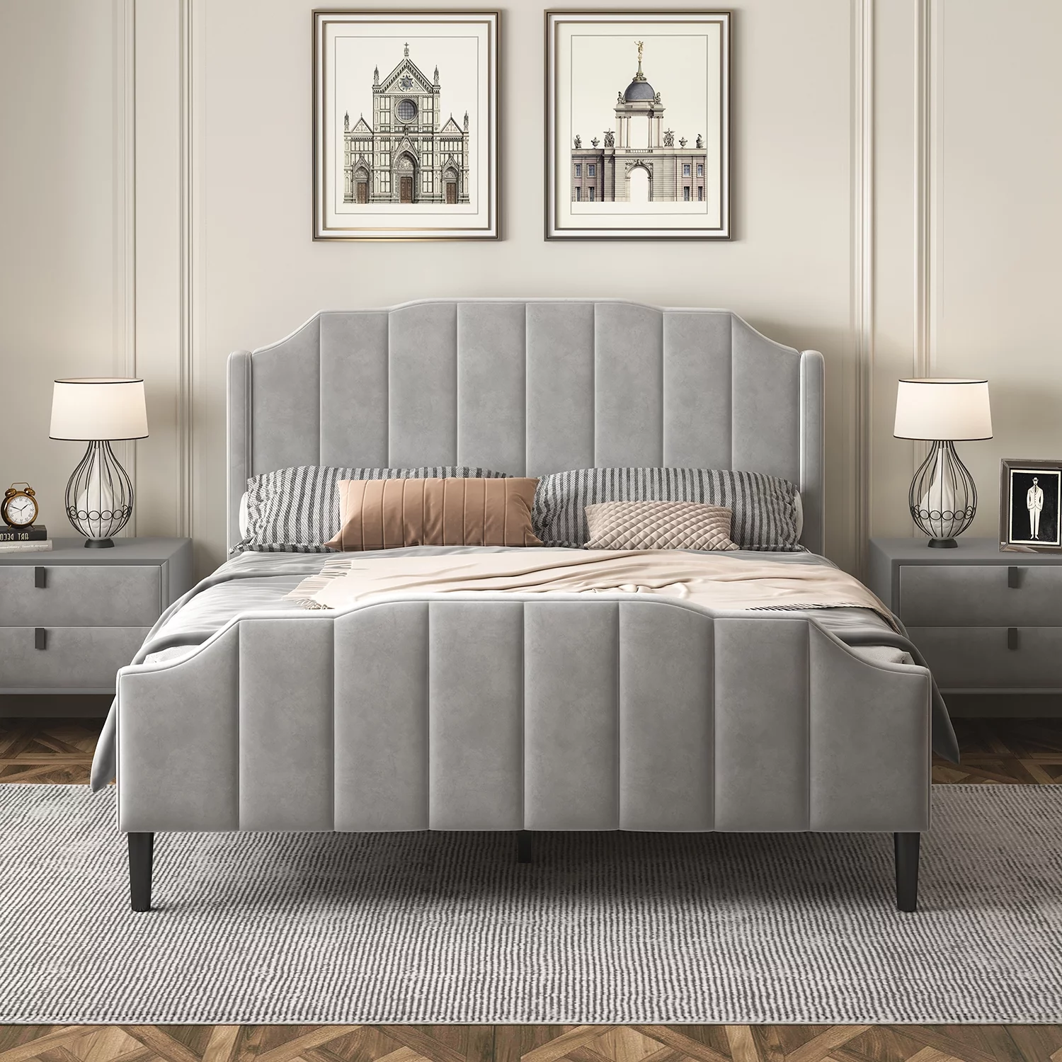 Churanty Queen Size Upholstered Bed with Headboard and Footboard, Wood Velvet Queen Platform Bed Frame for Bedroom,Gray