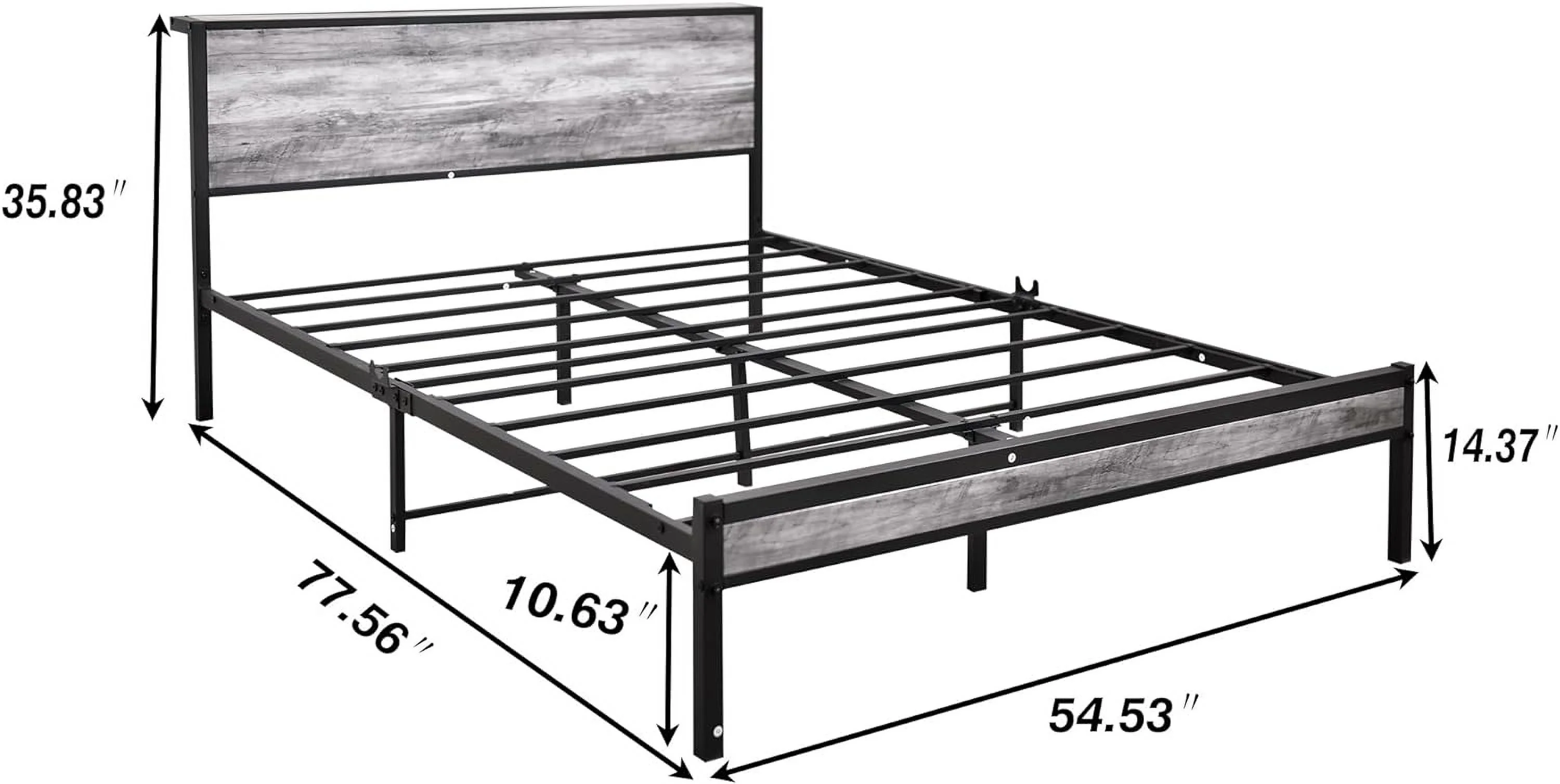 Full Size Bed Frame with Wood Storage Headboard, Metal Platform Bed Frames Full, No Box Spring Needed, Noise Free, Reinforced Strong Support Leg, Textured Black&Grey