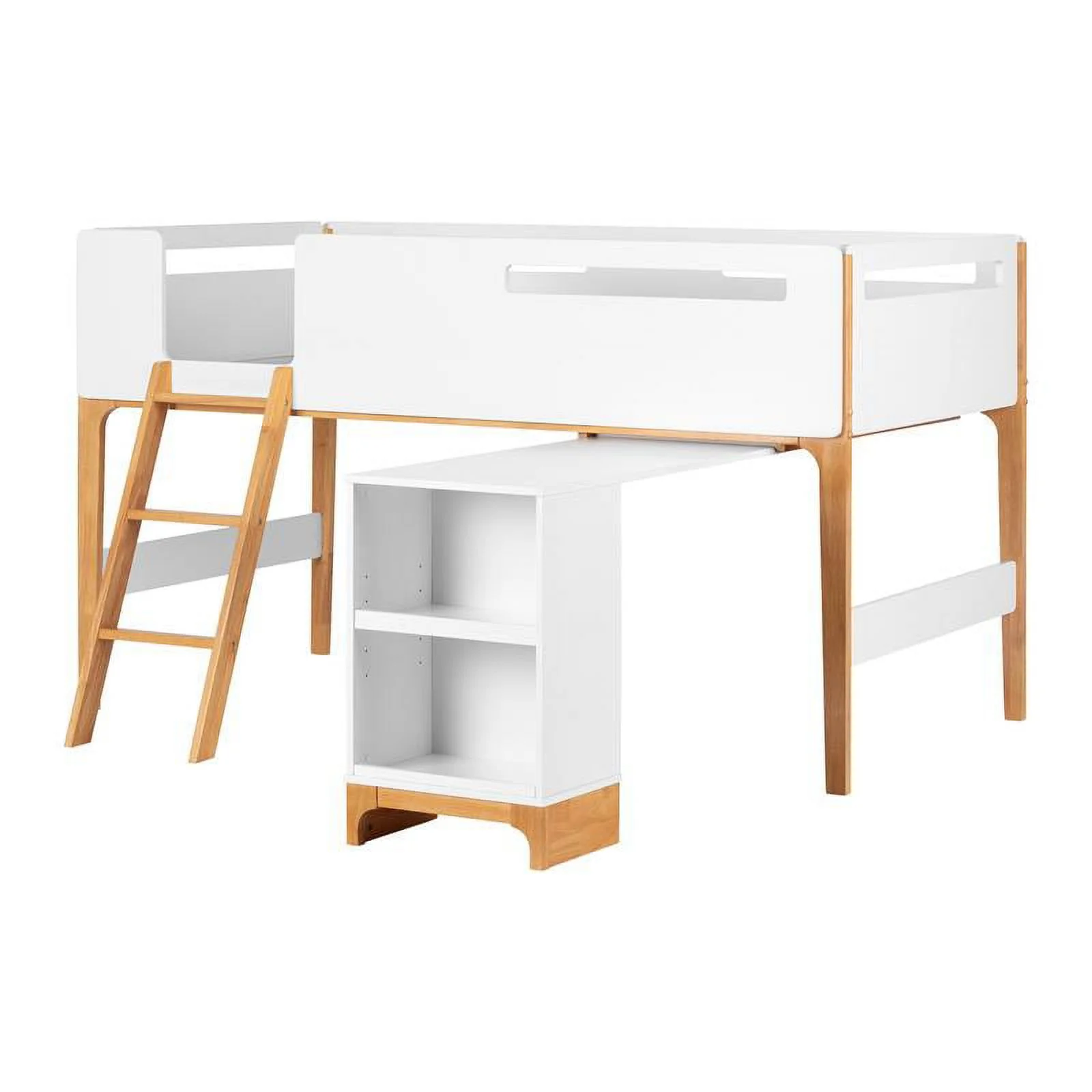 Pemberly Row Scandinavian Wood Twin Loft Bed with Desk in White & Natural