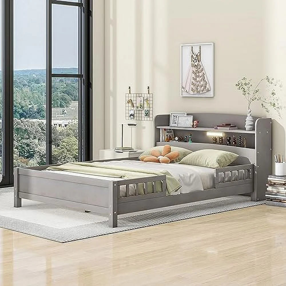 RUNFAYBIU Twin Bed with Desk and Rails Wood Platform Bed Frame with Drawers Low Twin Size Bed for Girls Boys No Box Spring Needed Natural with White