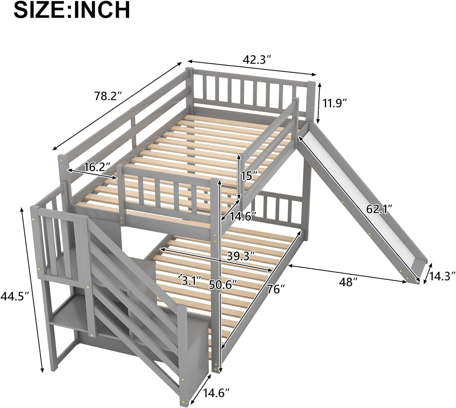 Kids Bunk Bed With Stairs, Over Bunk Bed With Stairs And Slide, Low Bunk Bed For Toddlers Wood, Bunk+Bed+With+Slide, Grey
