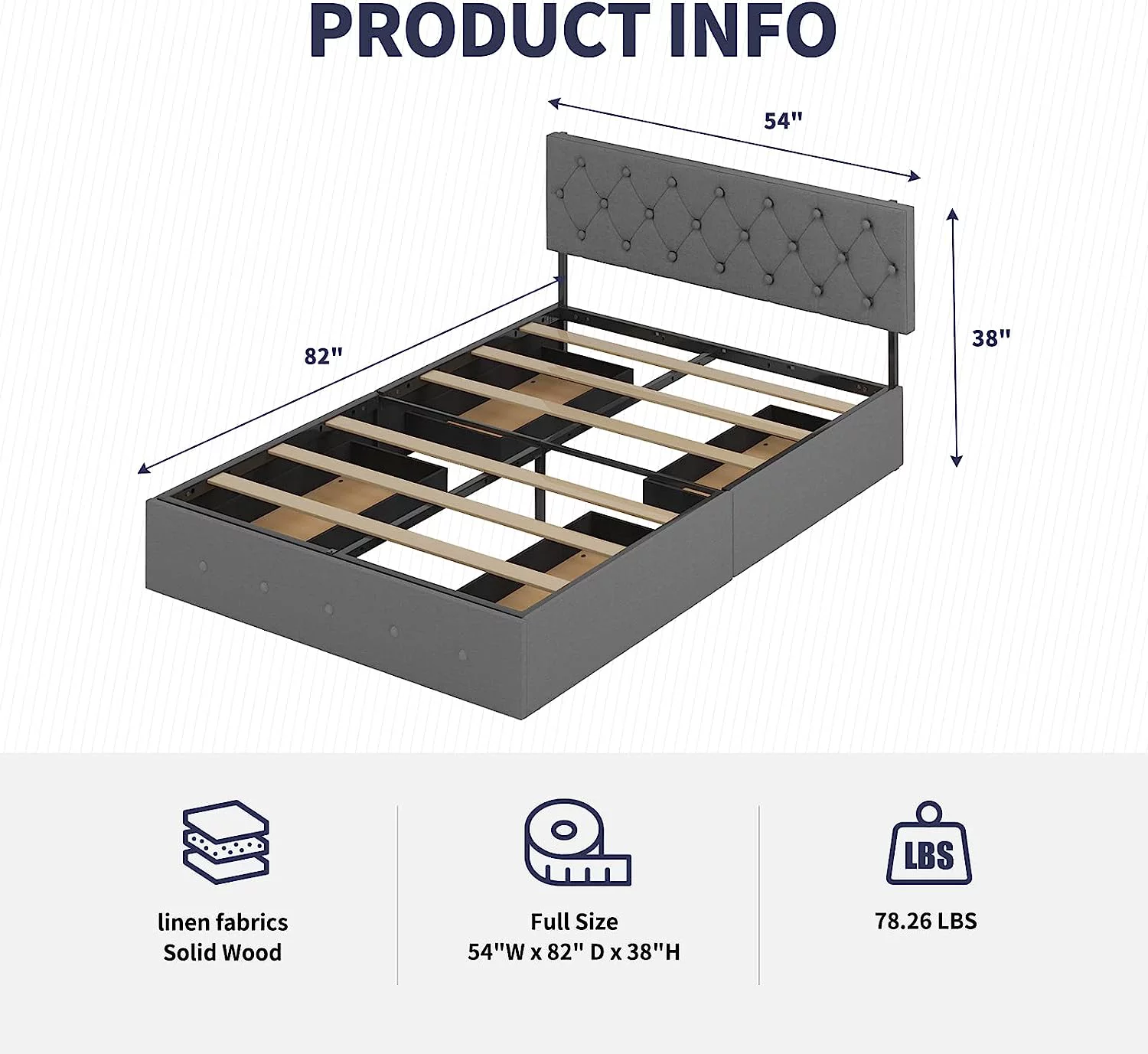 ZAFLY Platform Full Size Bed Frame with 4 Storage Drawers, Full Bed Frame with Headboard, Diamond Stitched Button Tufted Design, Wooden Slats Support, No Box Spring Needed, Easy Assembly, Dark Grey