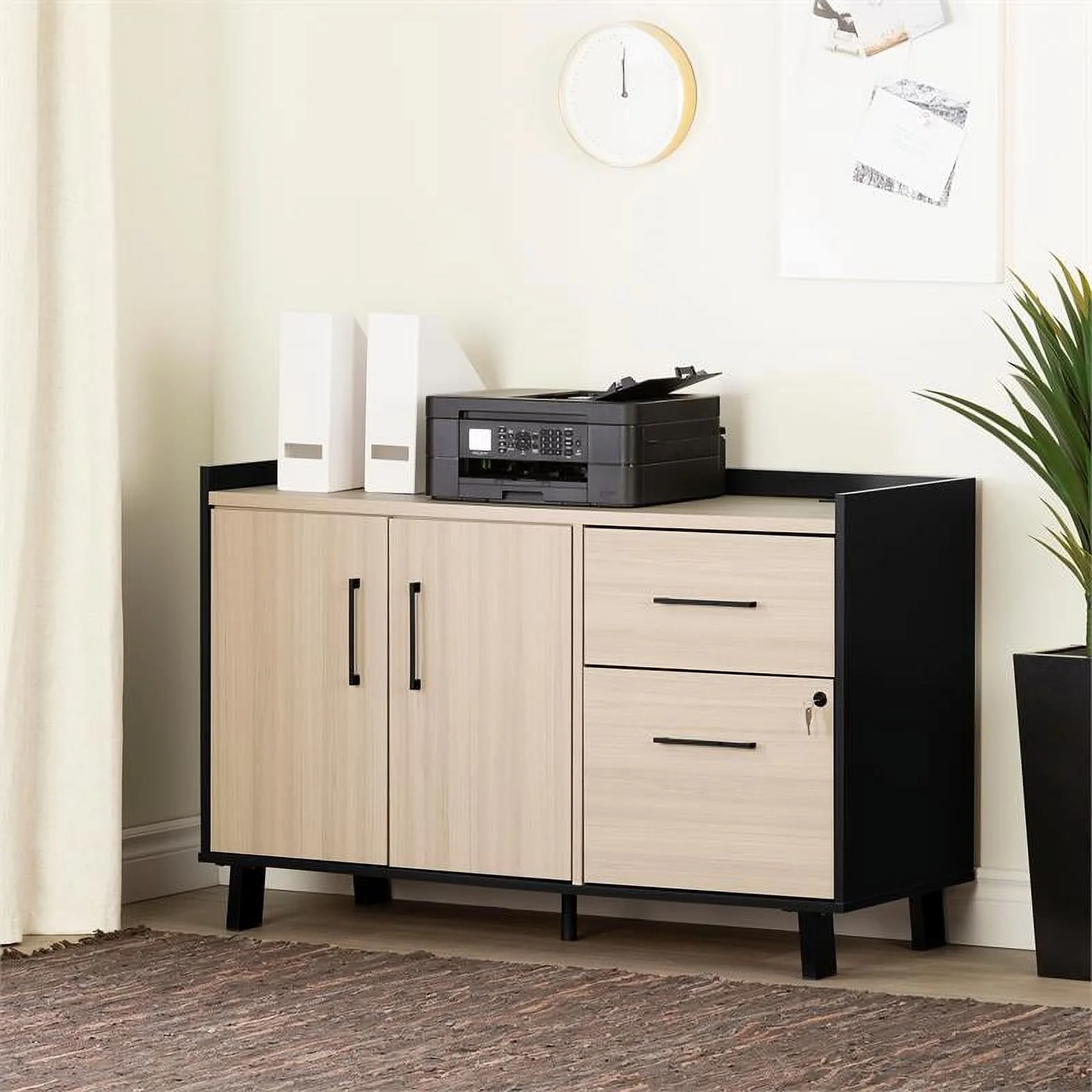 Pemberly Row 2-Drawer Engineered Wood Credenza with Doors-Soft Elm in Beige