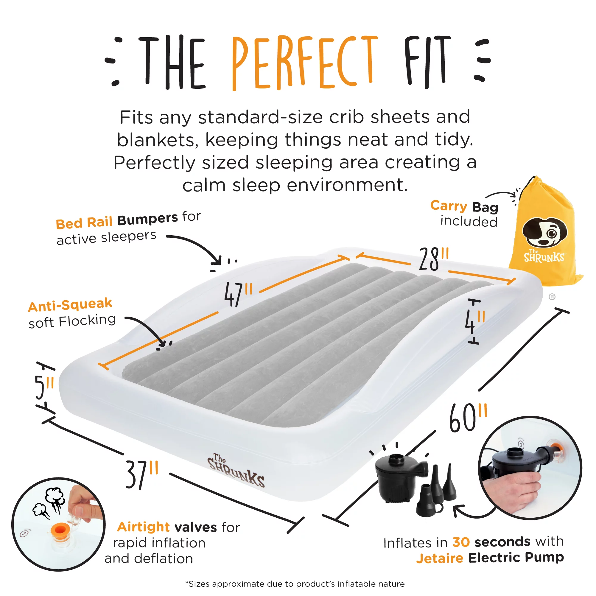 The Shrunks Toddler Travel Bed Portable Inflatable Air Mattress Blow Up Bed for Indoor/Outdoor Camping, Backyard, Hotel, or Home Use Kids Floor Bed with Security Bed Rails and Electric Pump Grey