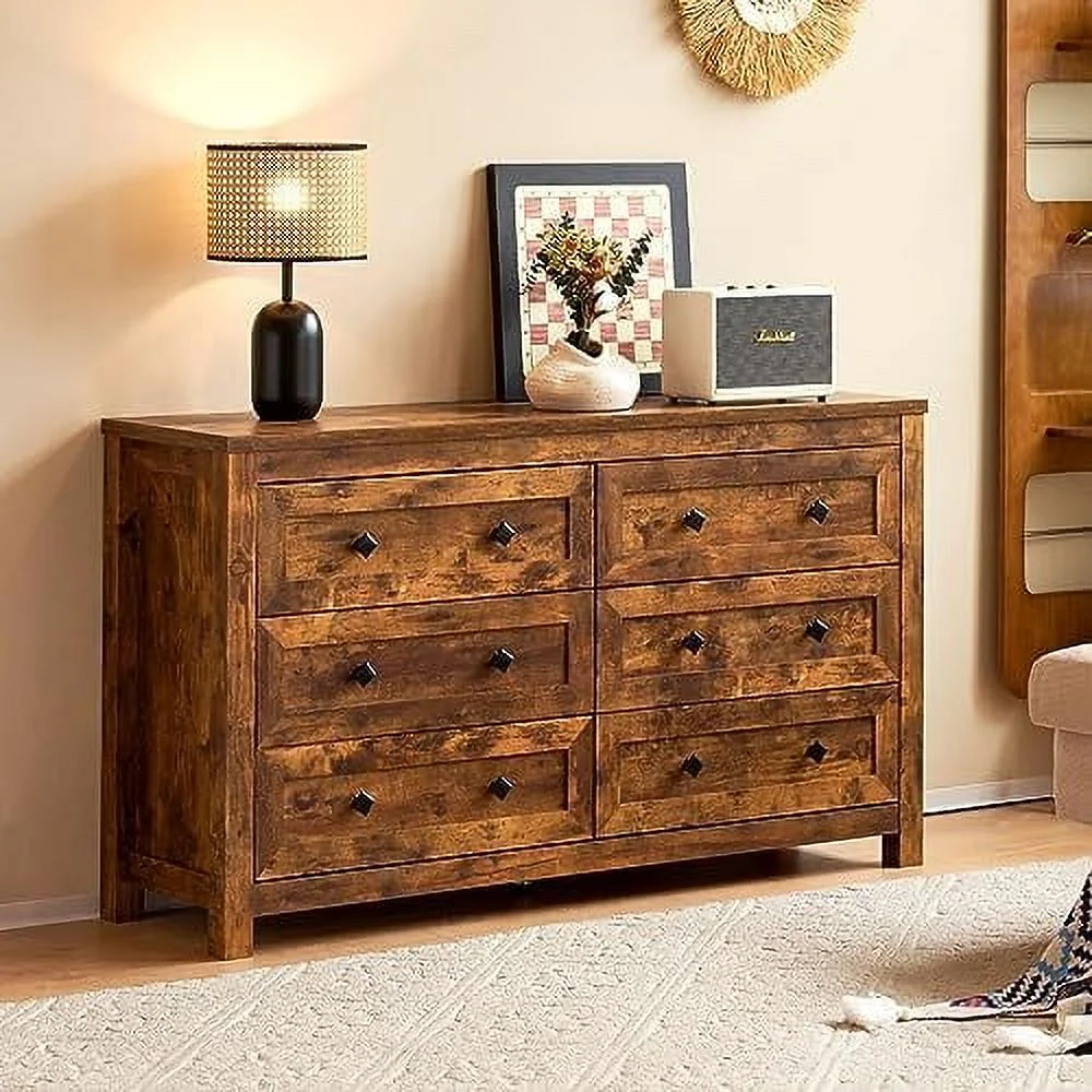 6 Drawers Dresser for Bedroom Farmhouse Wood Chest of Drawers with Vintage Grain Texture Drawer Double Dresser for Bedroom Living Room Hallway Rustic Brown