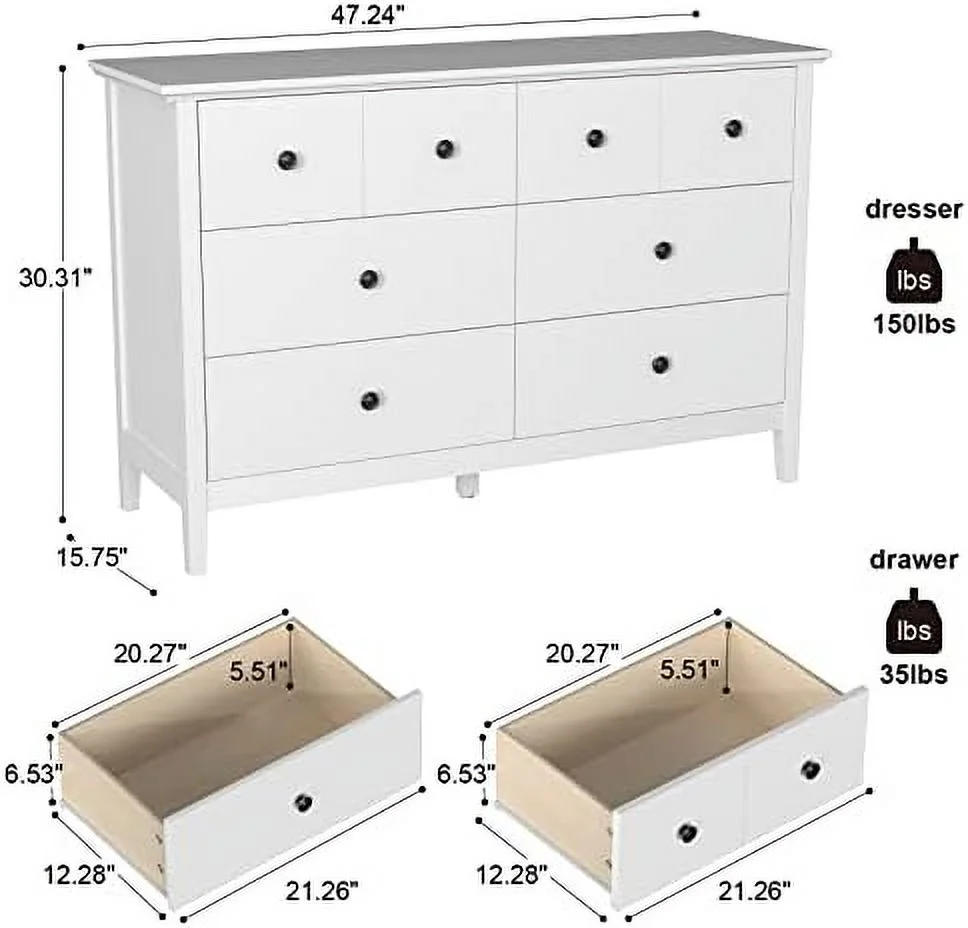 Dresser for Bedroom Black Dresser with Deep Drawers 6 Drawer Double Dresser with Black Knobs and Solid Wood Legs.
