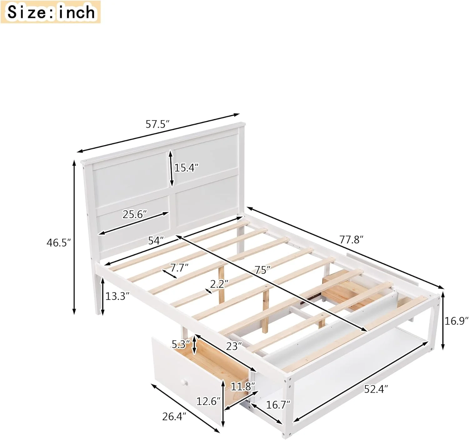 Full Size Bed Frame With Headboard Ad Drawers, Wood Full Bed Frame With Storage, Platform Bed Frame Full With Shelf O The Ed Of The Bed,o Box Sprig eeded,White