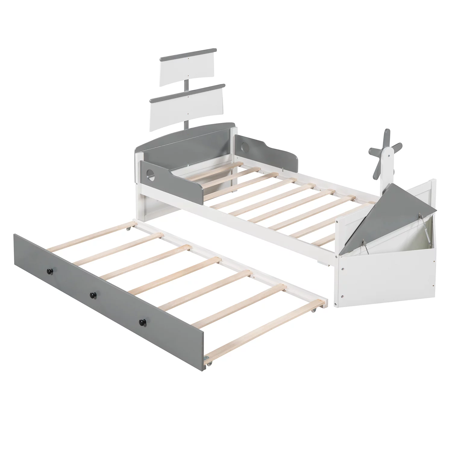 Churanty 3 Pieces Bedroom Sets Kids Twin Size Boat-Shaped Platform Bed with Trundle and Two Nightstands,Wood Platform Bed Frame for Girls Boys Teens,Gray