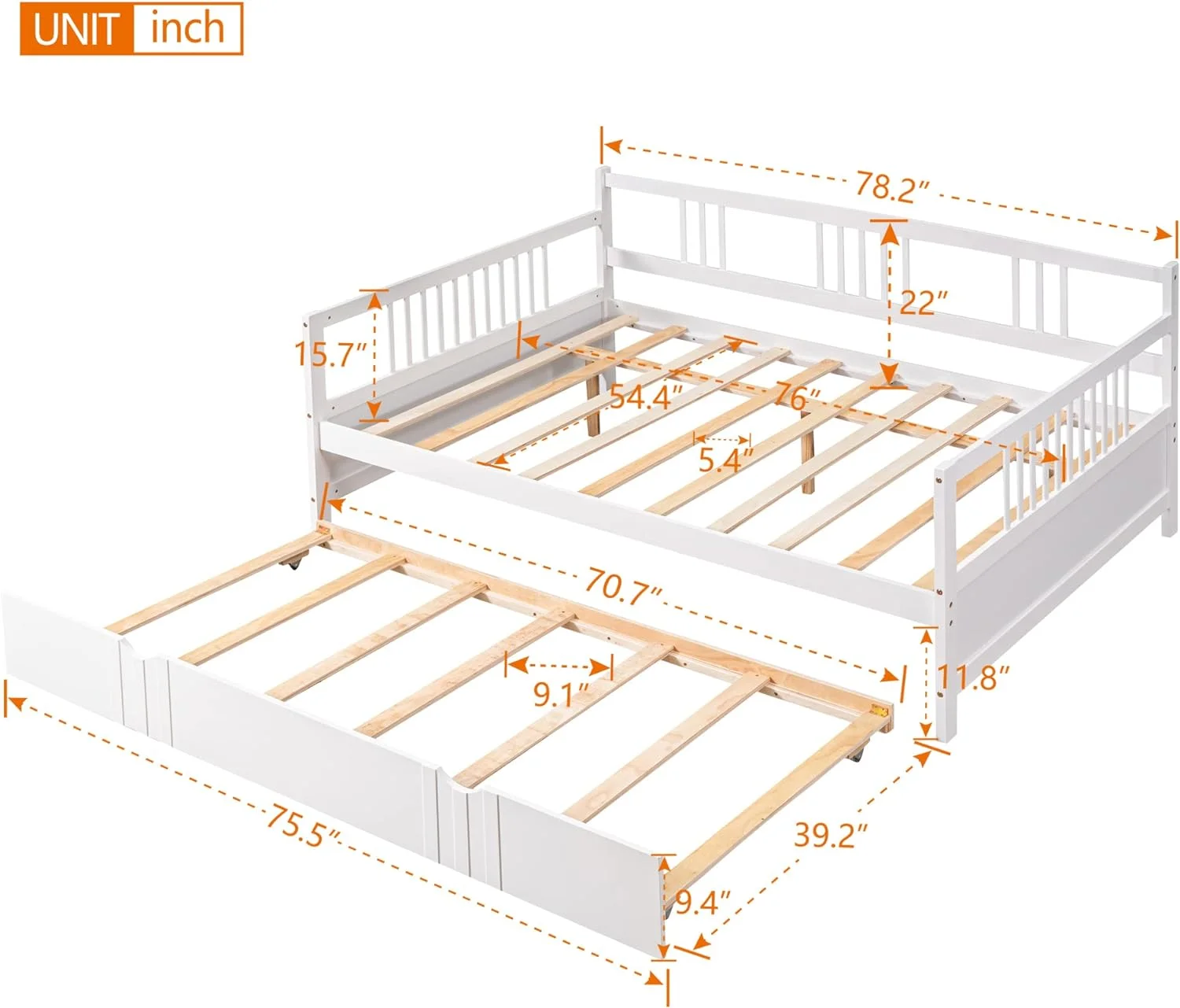 Full Size Daybed Wih Size rudle,Sofa Bed Frame Wih Woode Slas Suppor, o Box Sprig eeded(Whie)