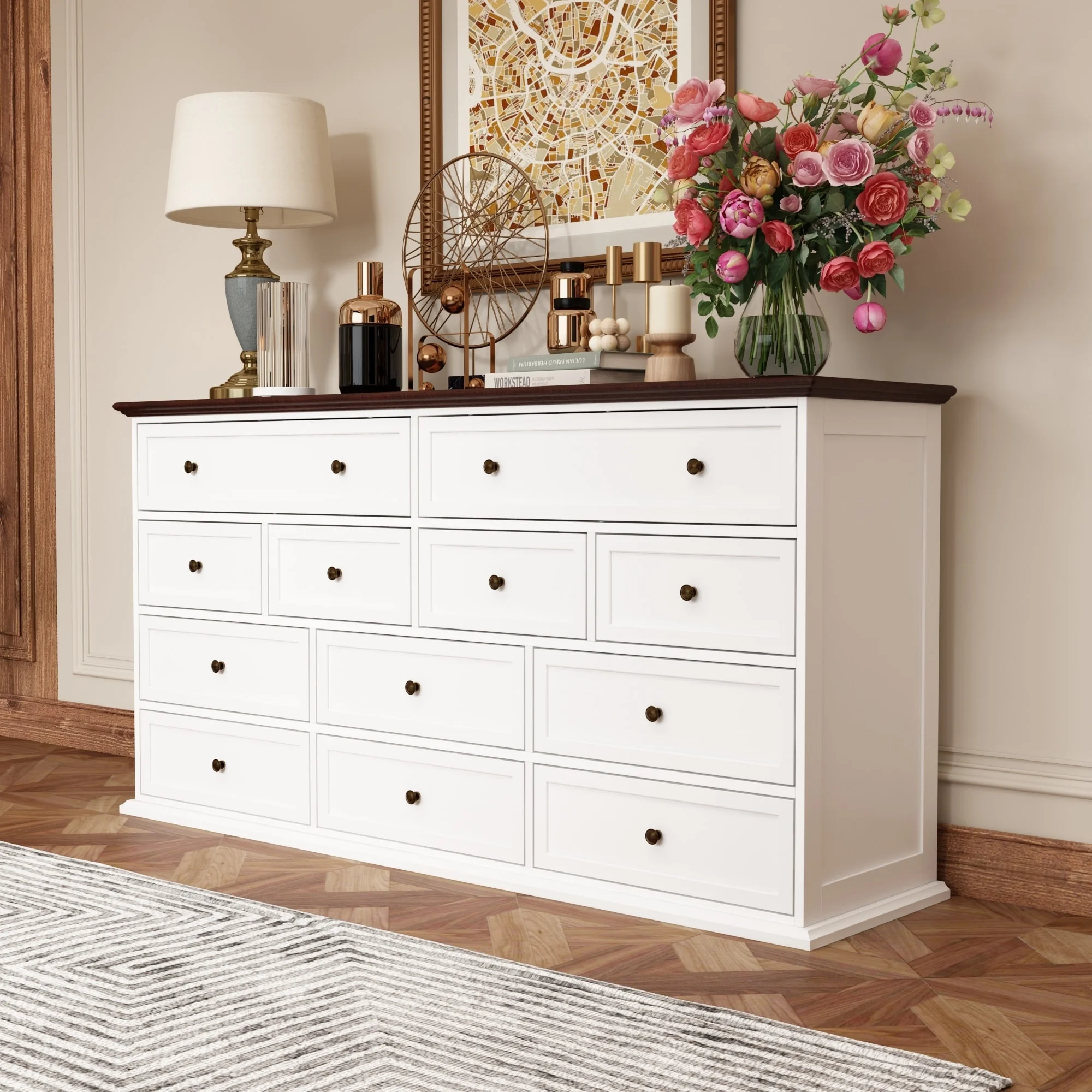 Versatile 12-Drawer Solid Wood Dresser - Brown & White Chest Of Drawer
