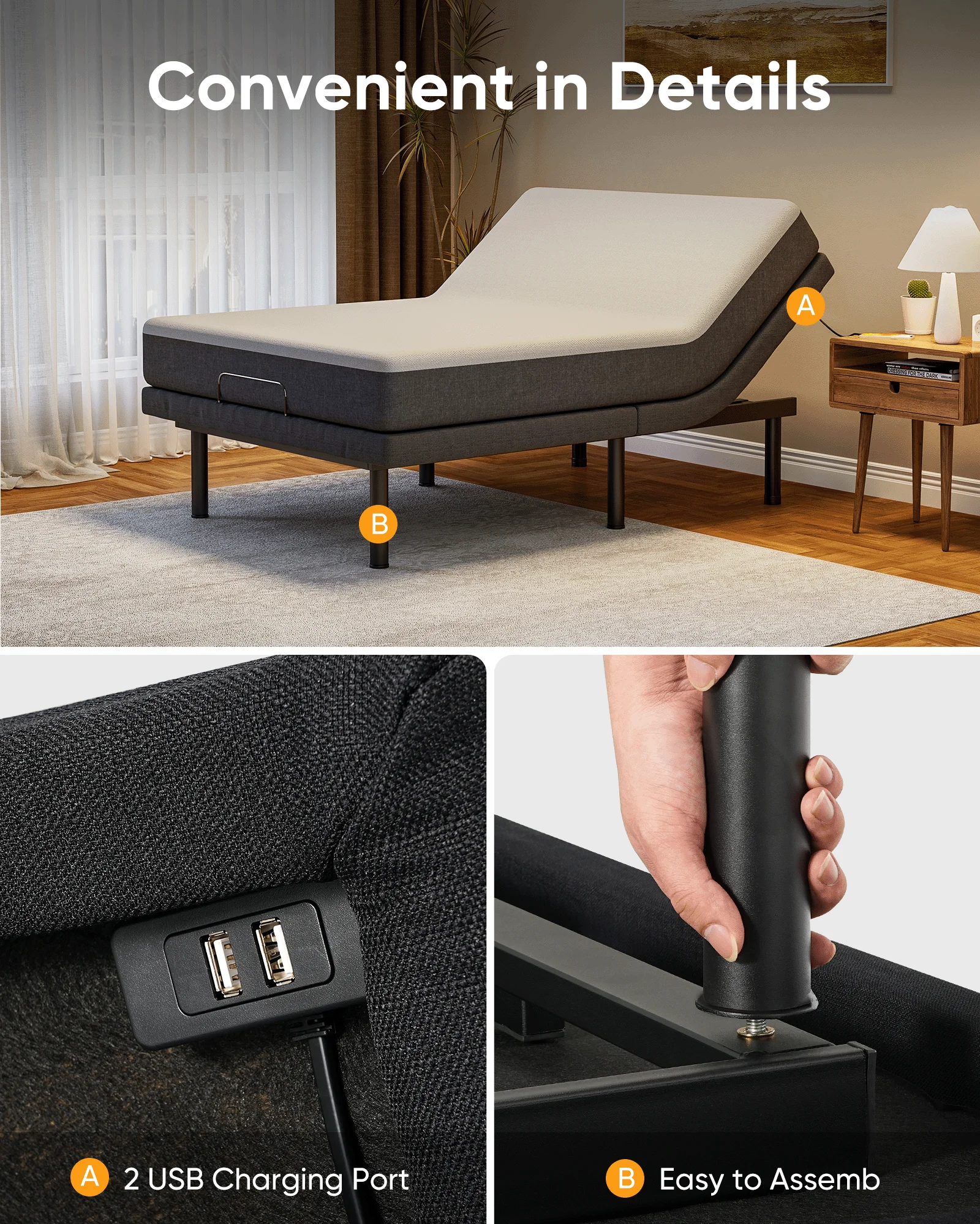 Furgle Full Size Adjustable Bed Base Frame for Stress Management with Massage, Remote Control