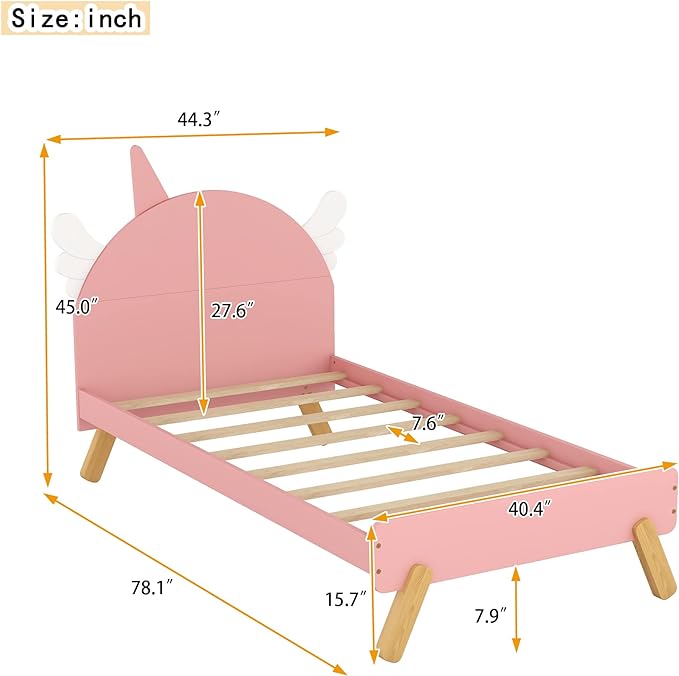 Twin Size Platform Bed with Cute Unicorn Shape Headboard, Kids Noise Free Beds, Solid Wood Slats Mattress Foundation, No Box Spring Needed, Easy Assembly, for Children, Toddlers, Teens, Pink