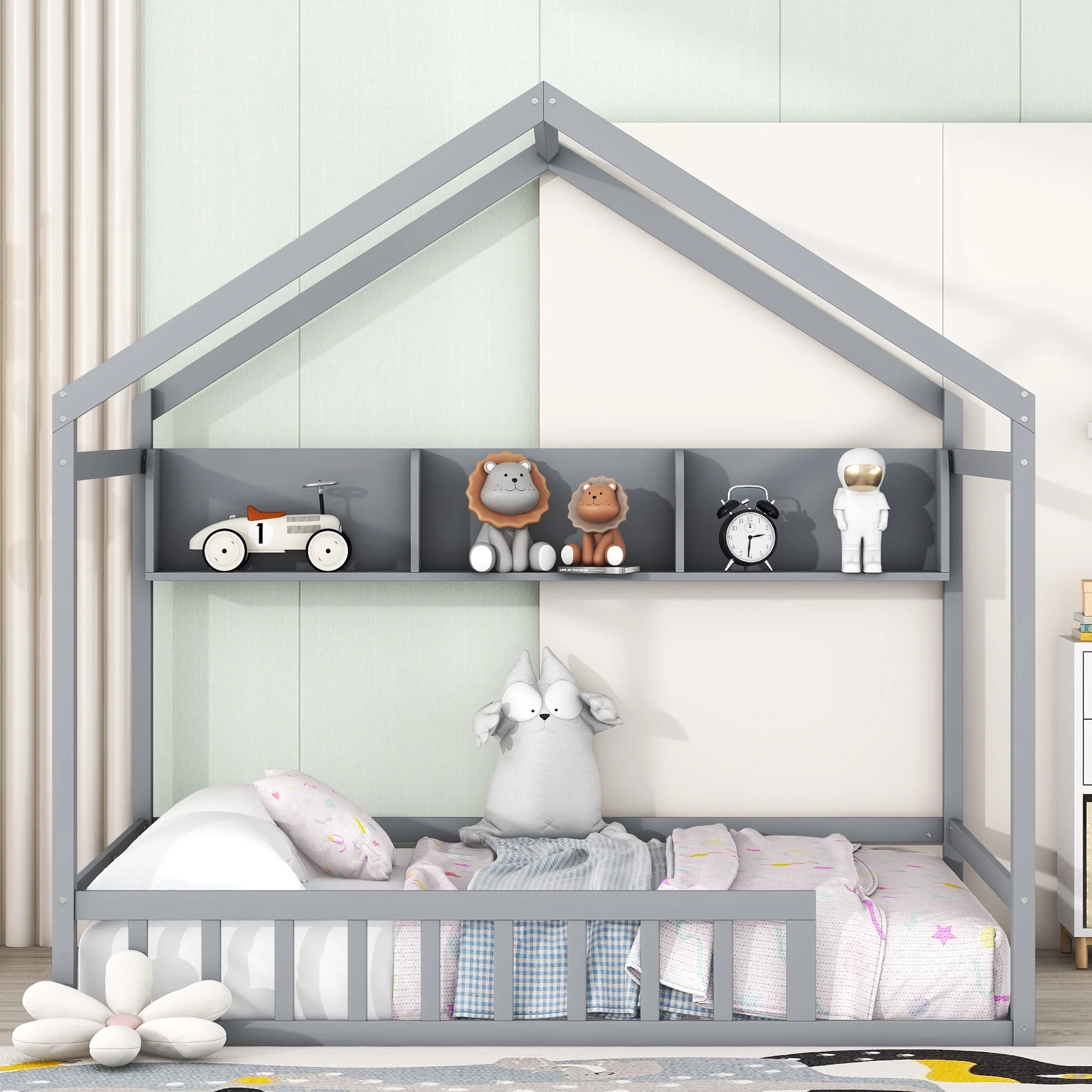 Full Size Platform Bed with Storage Shelf - Wooden Bedframe with Storage, Full Size Bed with Storage for a Functional and Stylish Bedroom-Gray