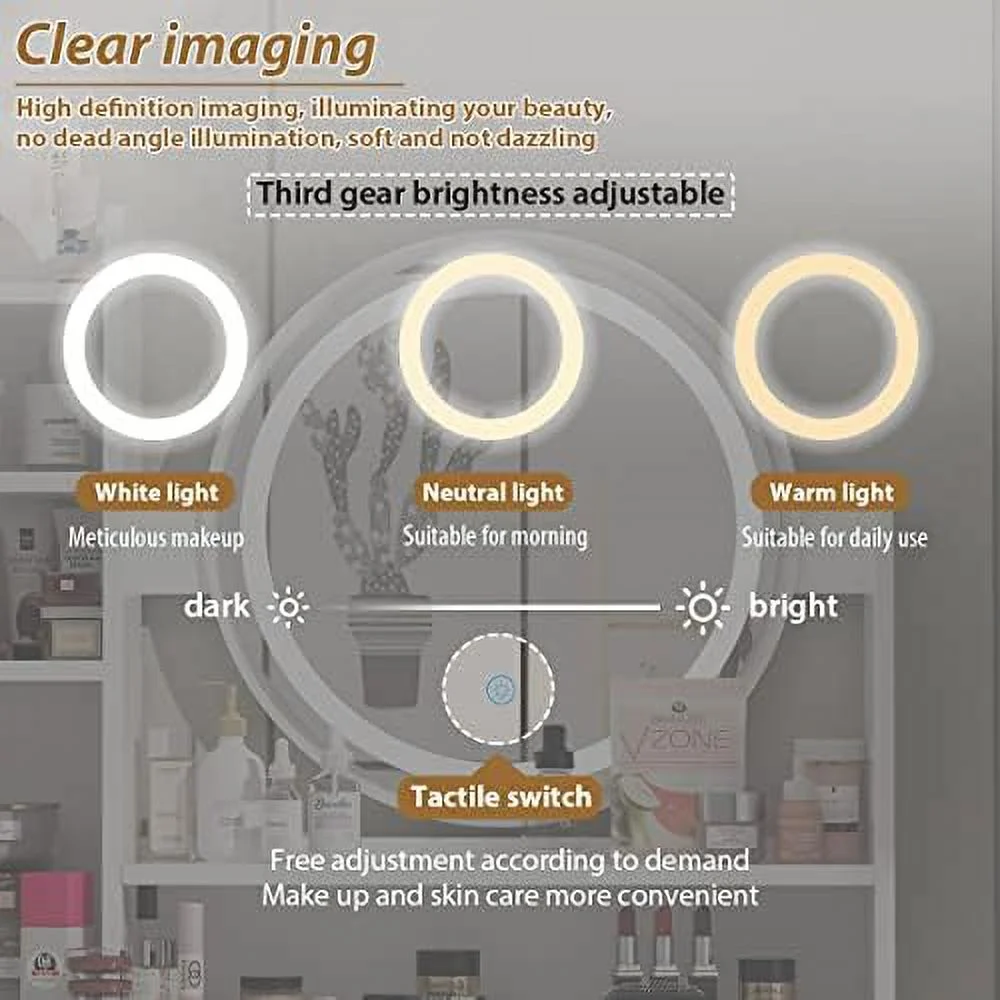 NLIBOOMLife FUFU&GAGA Vanity Set with Round Mirror  Makeup Vanity Dressing Table with 5 Drawers  Shelves  Dresser Desk and Cushioned Stool Set (White/Lighted Mirror)