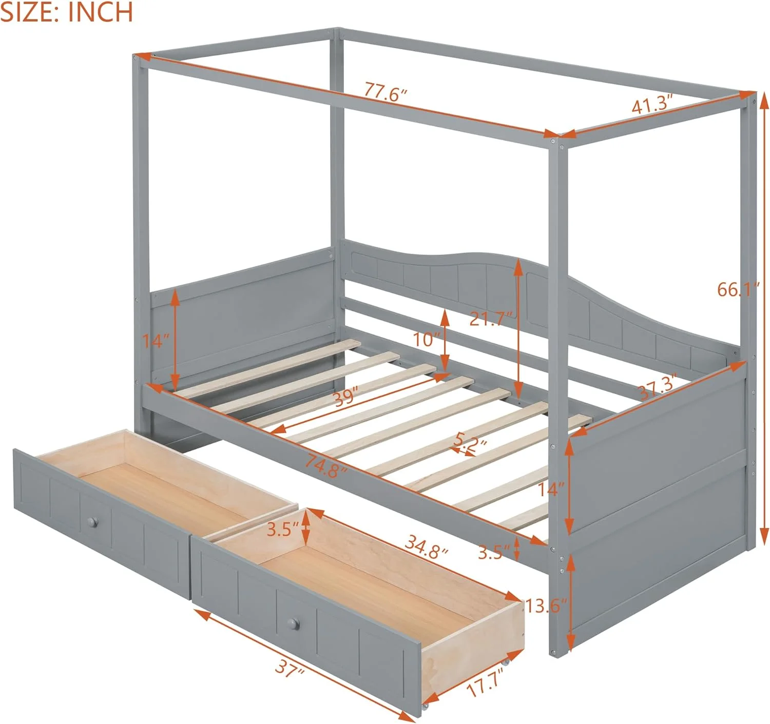 Canopy Bed, Twin Size Canopy Day Bed with 2 Storage Drawers, Wooden Platform Bed, Canopy Bed for Kids Teens Adults, Matchable Decorations, No Box Spring Needed