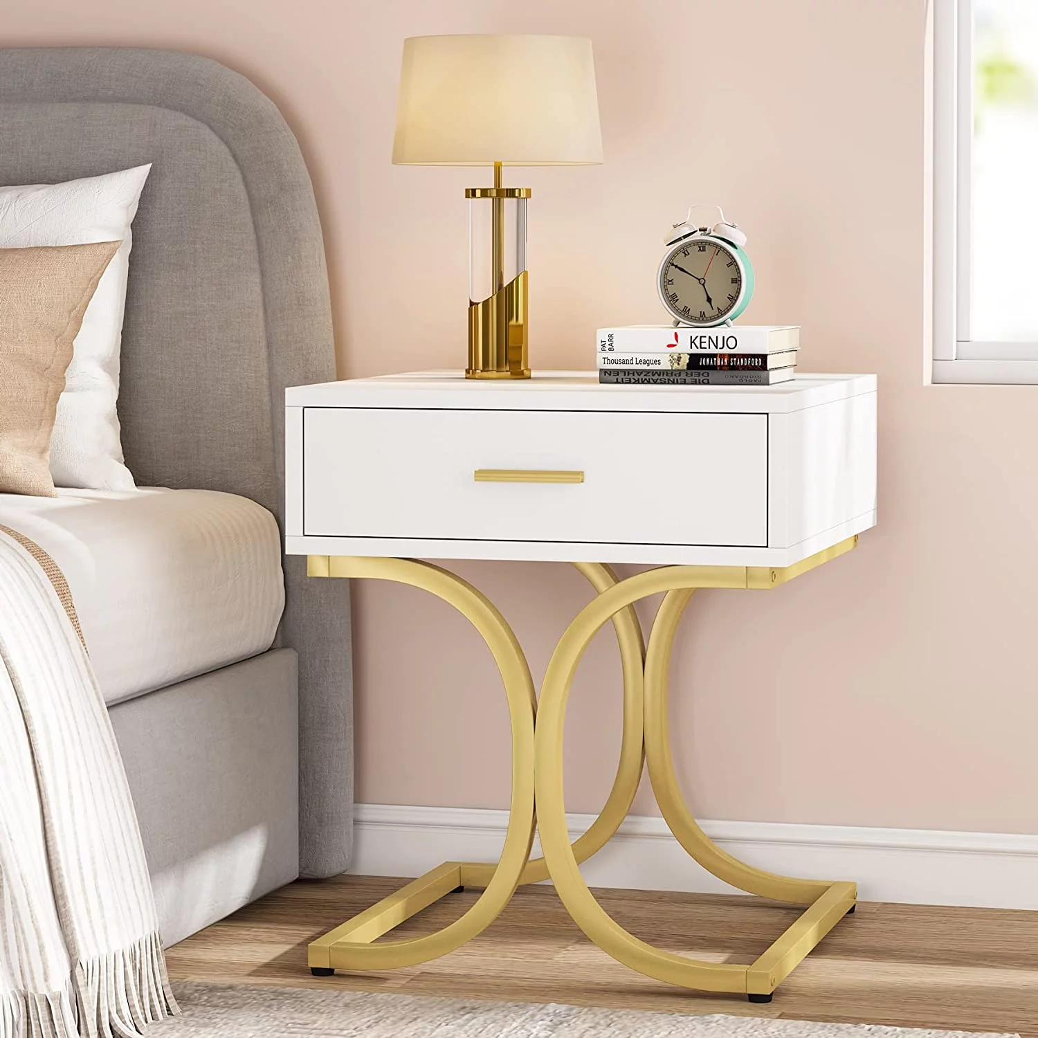 Tribesigns Nightstand, Sofa End Table with Drawer, C Shaped Bedside Table with Metal Frame for Bedroom, White & Gold