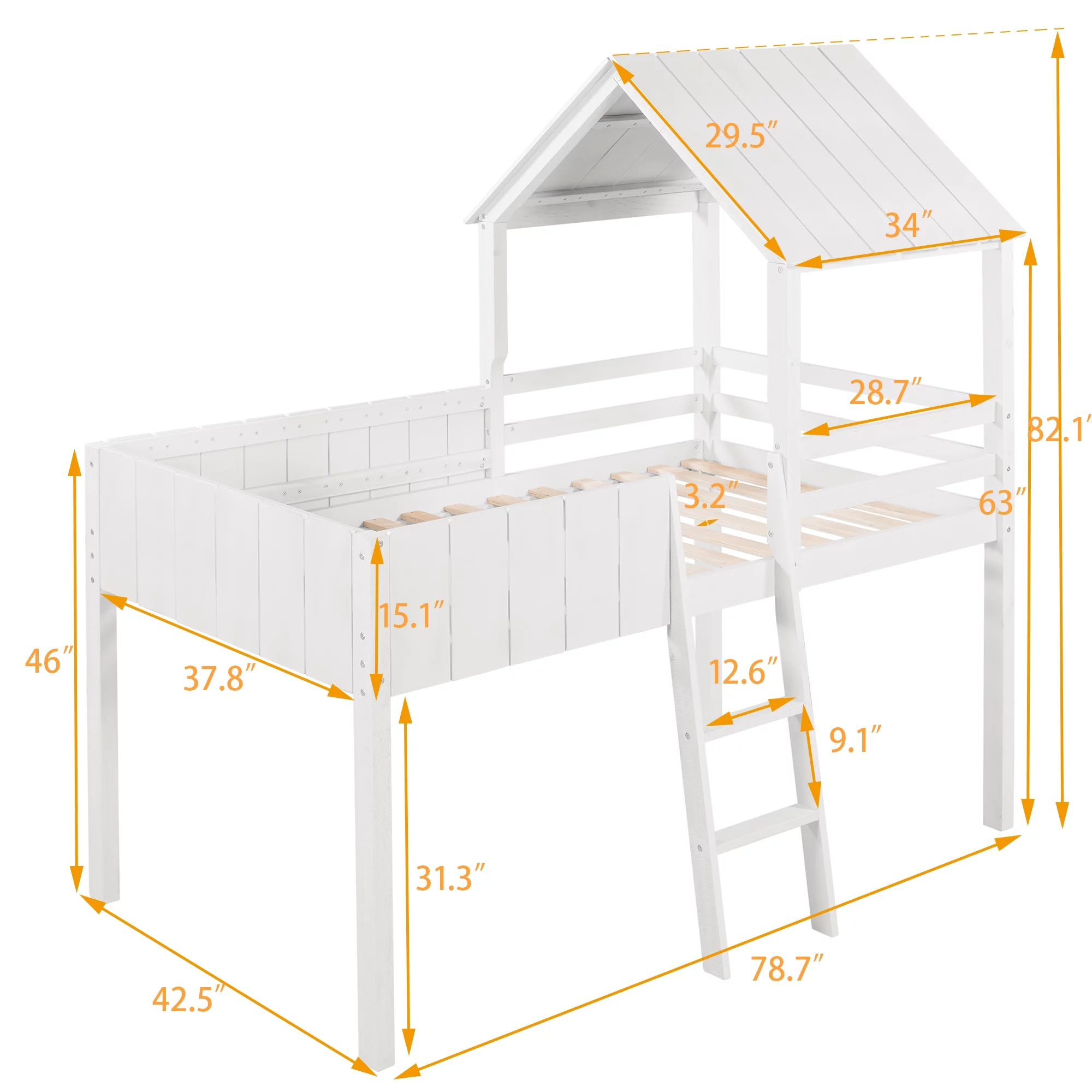 Wash White Twin Size Wood House Loft Bed with Roof, Guardrail, Ladder