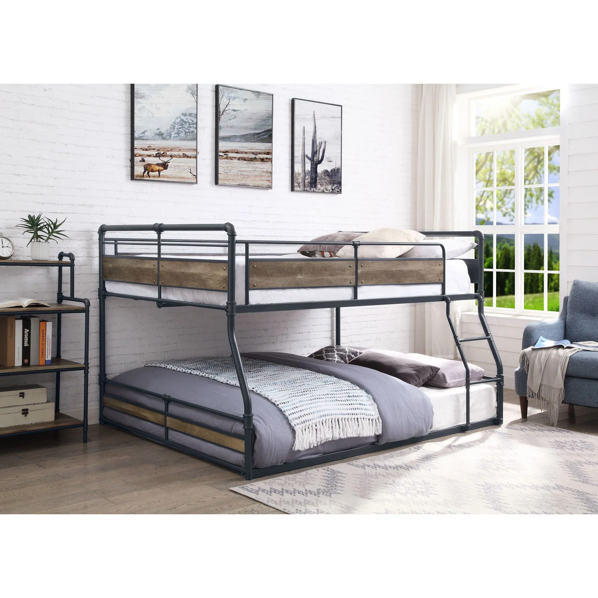 Miekor Furniture Cordelia Full/Queen Bunk Bed in Antique Oak, Sandy Black & Dark Bronze Hand-Brushed Finish