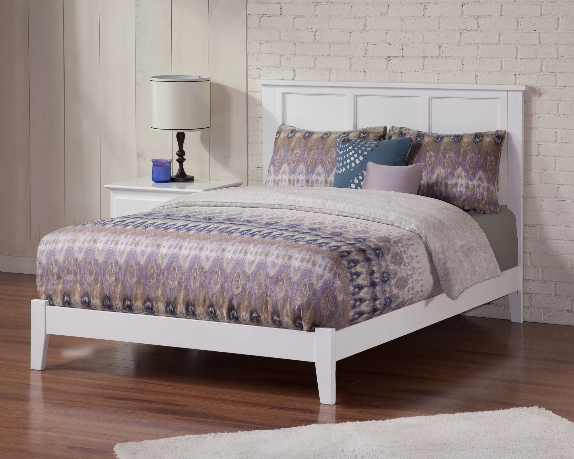 AFI Madison King Low Profile Wood Platform Bed Frame with Panel Headboard, White