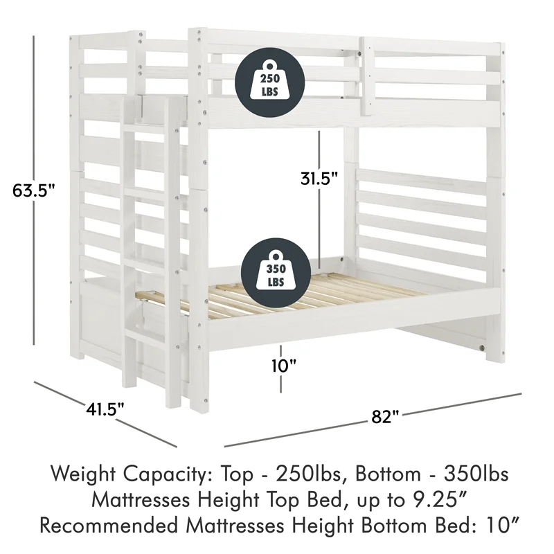 My Bed Now Everest Twin-over-Twin Solid Wood Bunk Bed with Ladder in White Mist