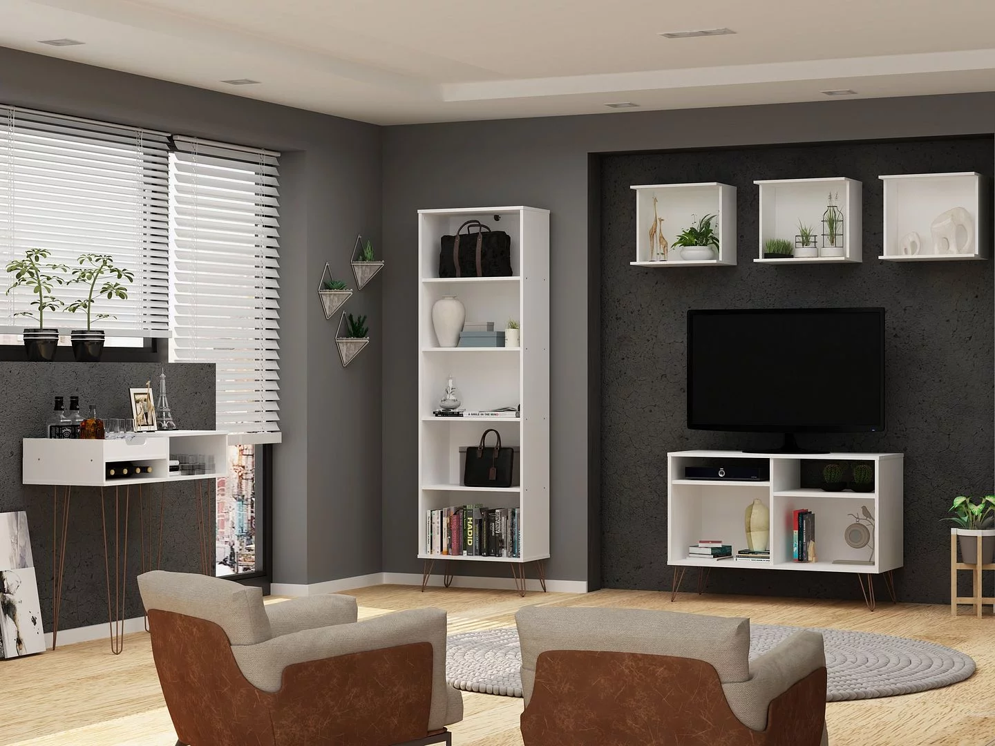Manhattan Comfort Rockefeller 6-Piece TV Stand Living Room Set with Bookcase and Console in White