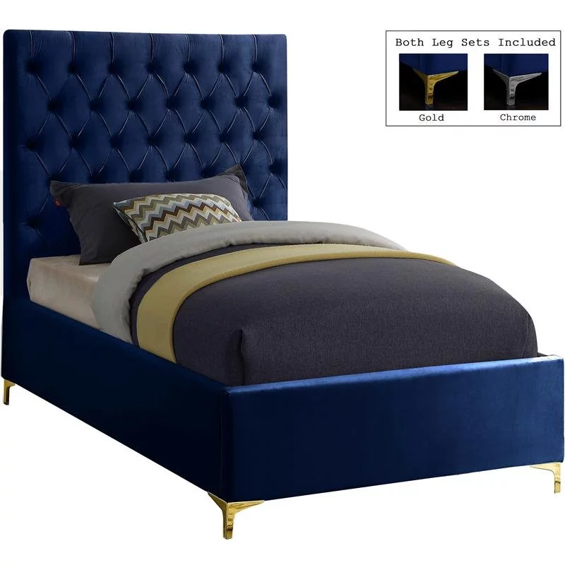 Maklaine Contemporary Solid Wood Tufted Velvet Twin Bed in Navy