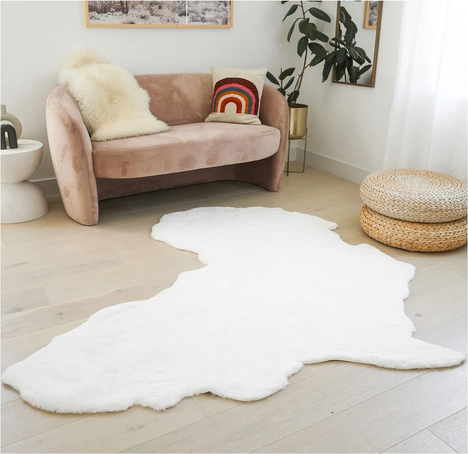 Lith Home African Decor for Home/Faux Rabbit Fur Area Rug Throw/Client Call It Impactful Gift - Soft Plush Luxurious Nursery, Living and Bedroom Floor, Chair Couch Sofa Bed Cover- 6x6 ft (White)