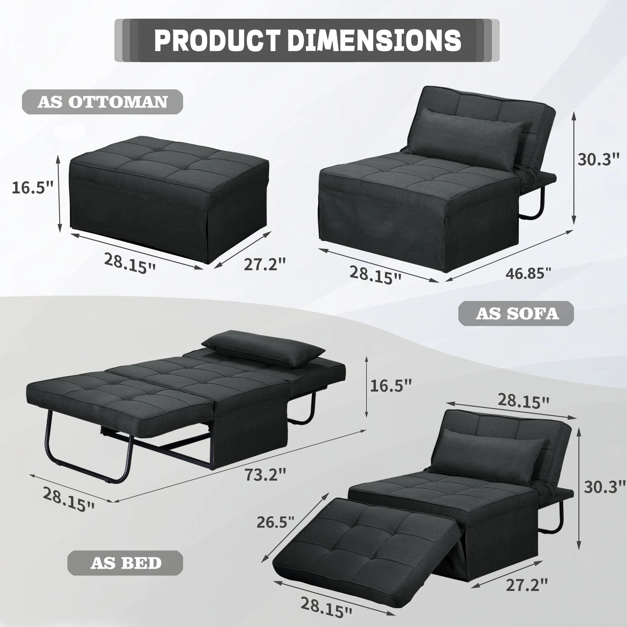 Zenova 4-1 Adjustable Sofa Bed Folding Convertible Chair Sofa Sleeper Ottoman Sofa Seat Armless Assembled DarkGrey 74*37.4