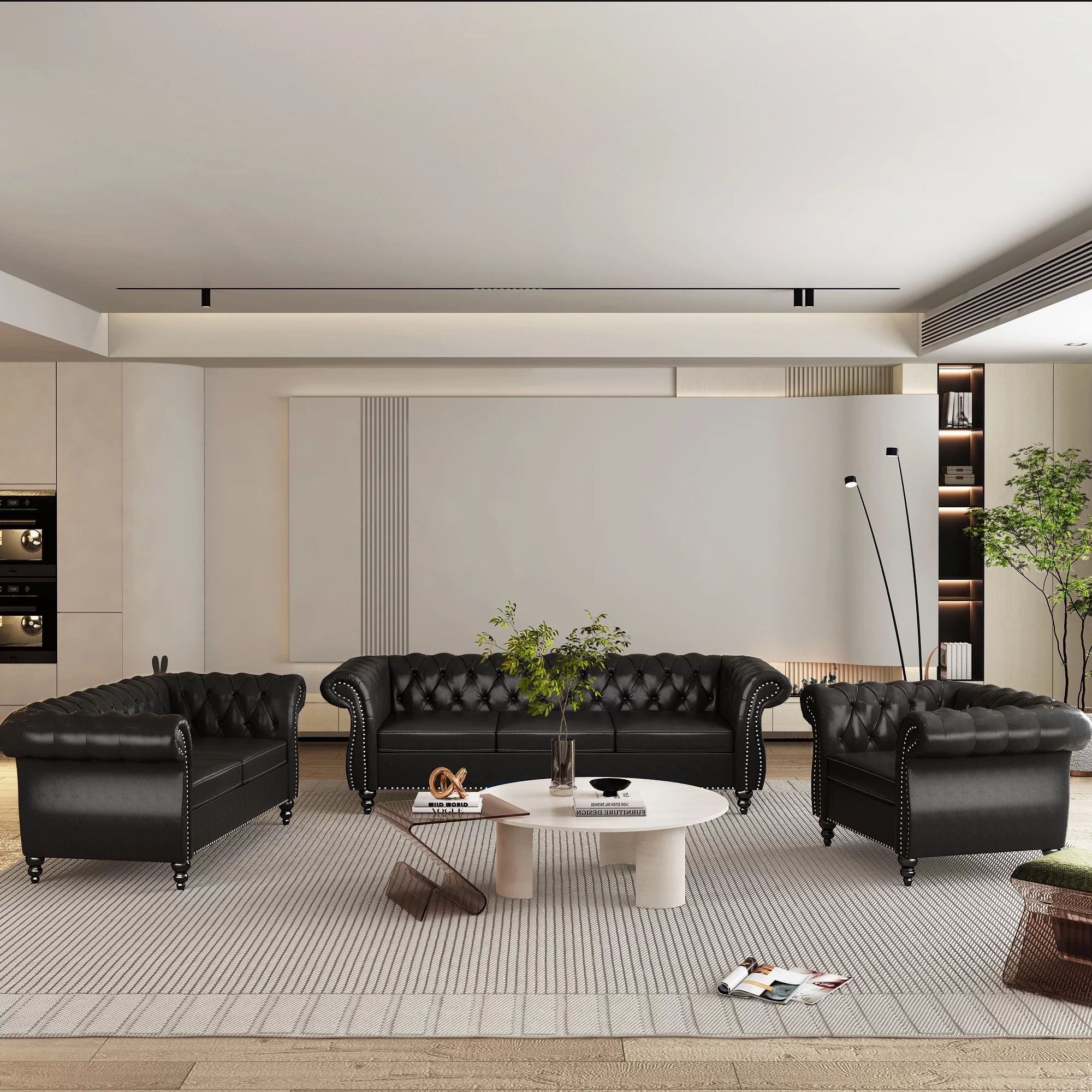 Yocwo Faux leather Couches Set for Living Room,3 Piece Sofa with Including Three Seat Sofa, Loveseat and Single Chair for Apartment Furniture Set (Black)