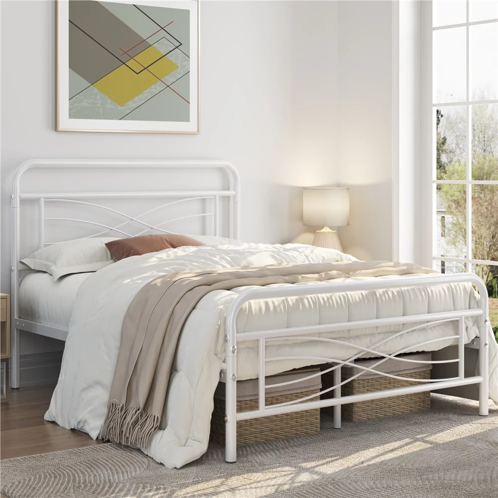 Topeakmart Vintage Metal Queen Size Bed with Criss-Cross Design Headboard, White