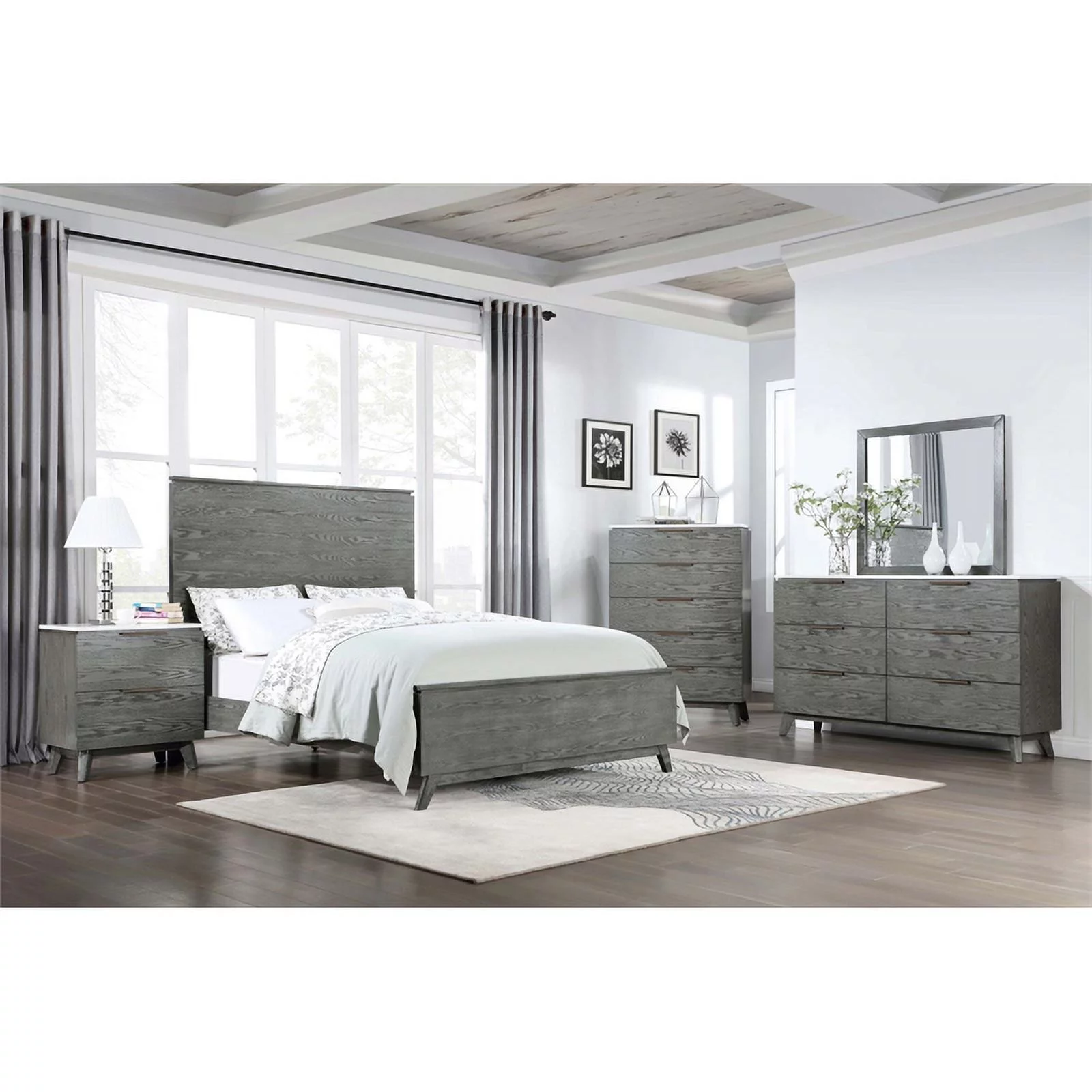 Maklaine 5-piece Wood Queen Bedroom Set White Marble and Gray