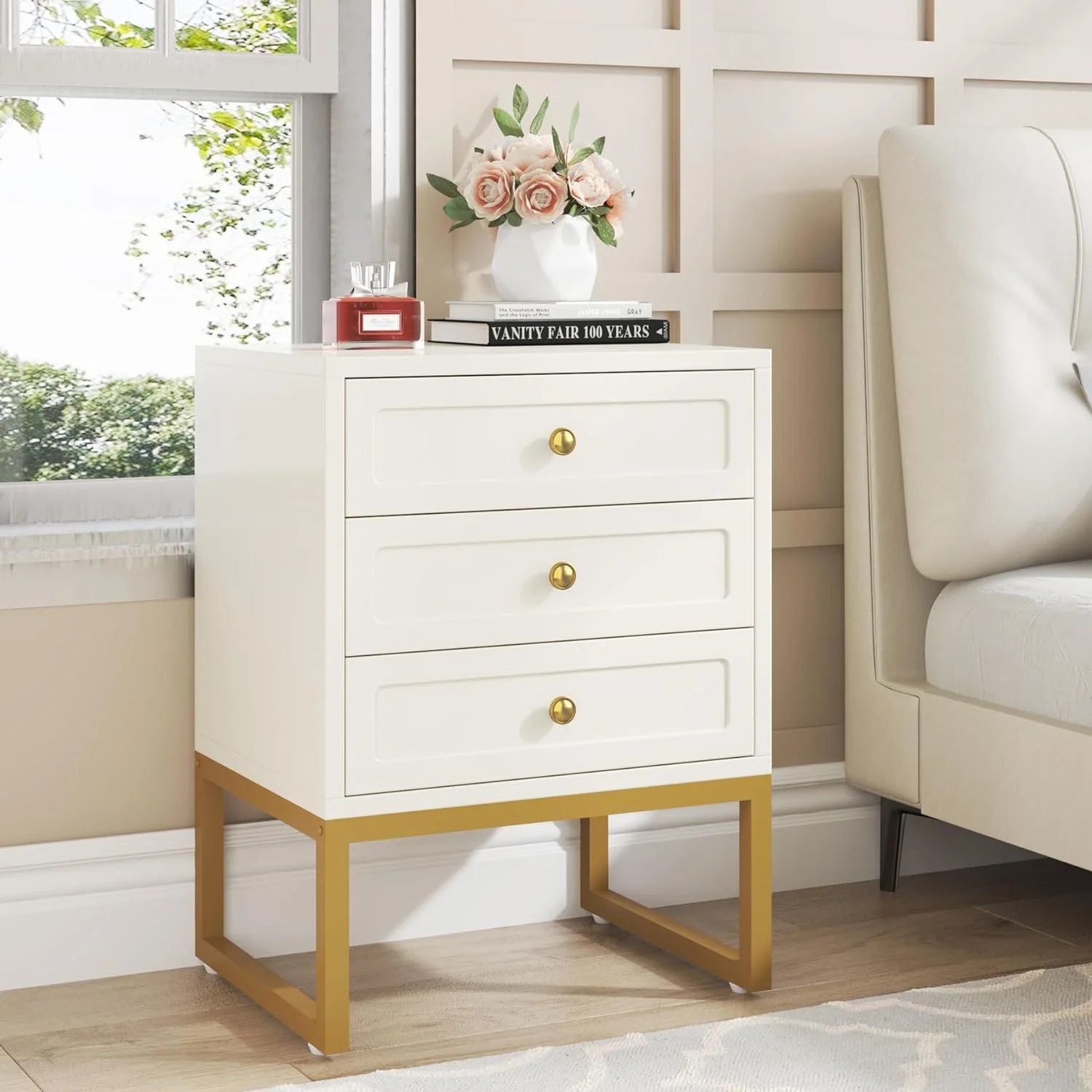 Tribesigns Modern Nightstand with 3 Drawers, Wood Bed Side Table for Bedroom, Tall White Gold Night Stand with Gold Metal Legs for Living Room