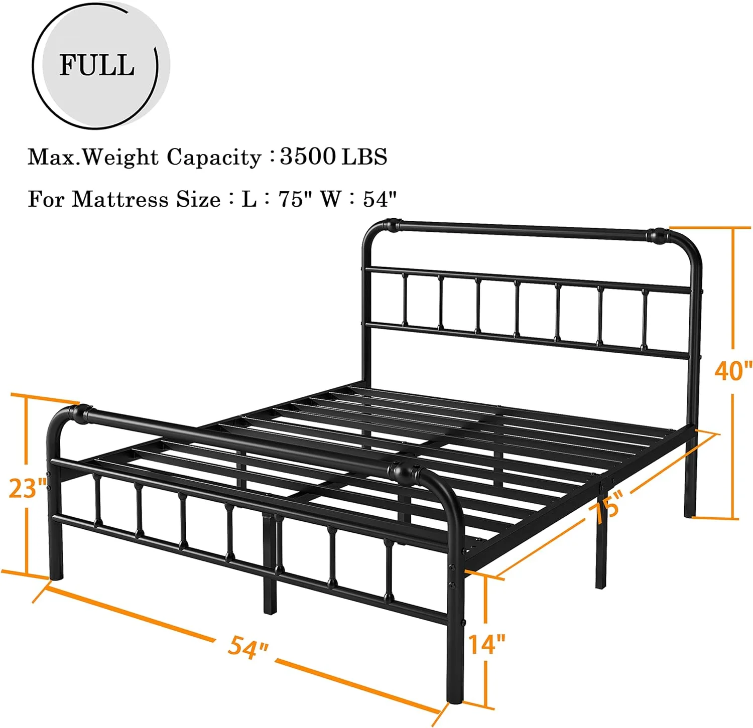 YGDU Full Size Bed Frame with Headboard and Footboard,14 Inch High Metal Platform with 3500lbs Support for Mattress, No Box Spring Needed,Noise Free,Easy Assembly,Black