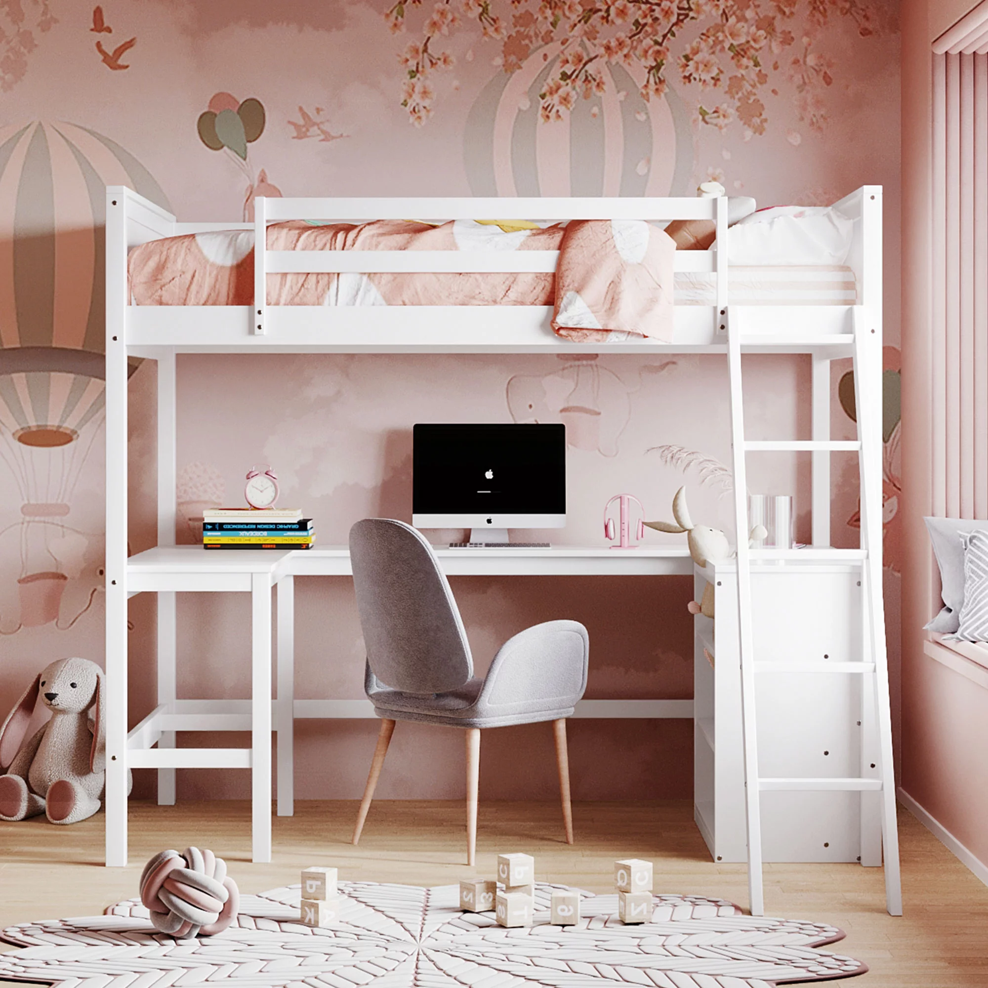 CoSoTower Twin Size Loft Bed with Shelves and Desk, Wooden Loft Bed with Desk - White