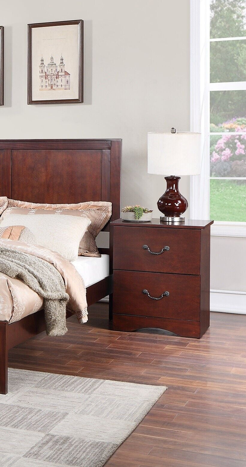 Simple Transitional Brown Finish 4pc Bedroom Set Queen Size Bed Dresser Mirror Nightstand Wooden Furniture