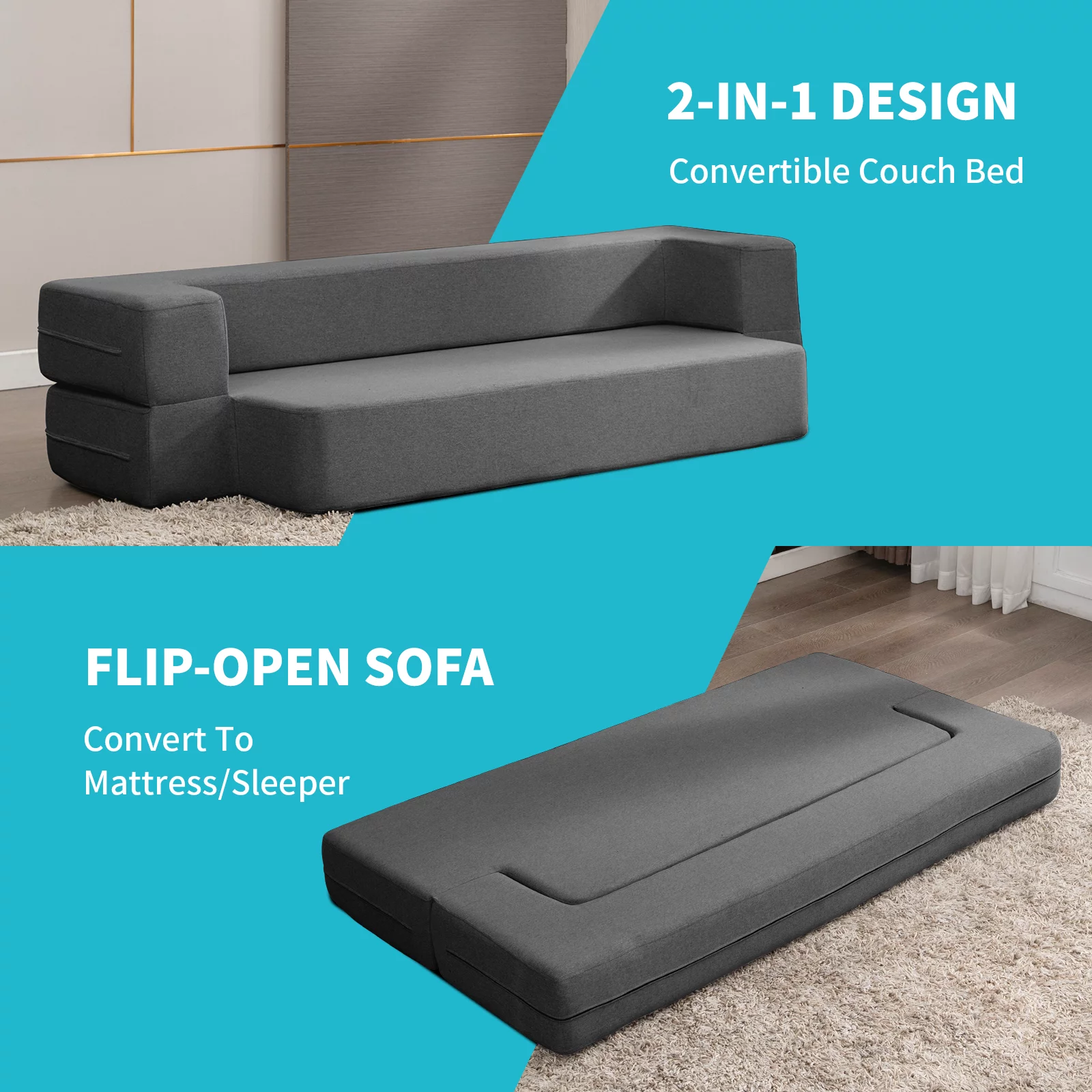 BALUS Folding Sofa Bed, Convertible Sleeper Sofa Bed Queen,Floor Couch Bed,Futon Sofa Bed Memory Foam Mattress,Floor Sofa Bed Twin for Living Room/Bedroom/Guest Room/Home Office,Dark Grey