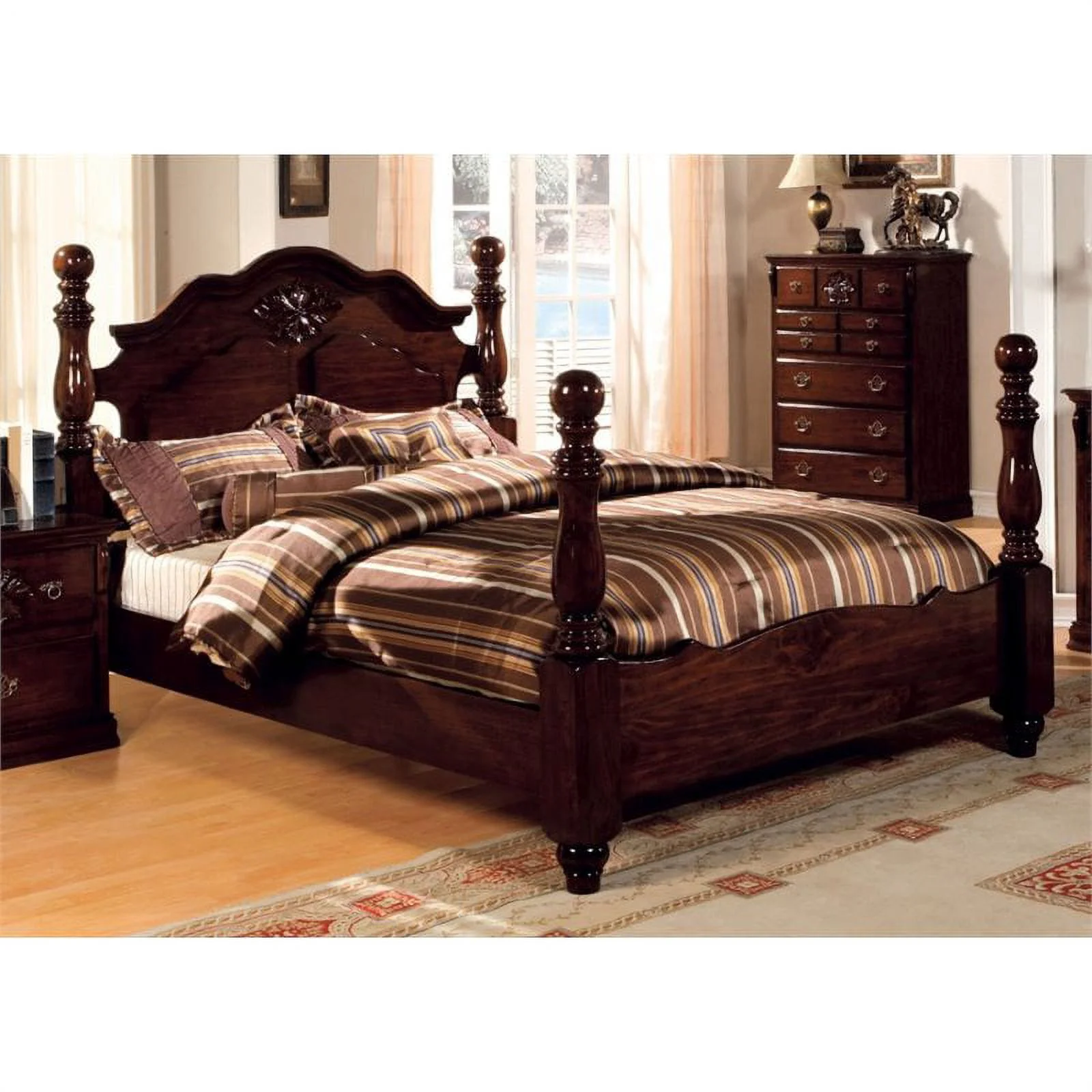 Furniture of America Hemps Solid Wood Four-Poster King Bed in Brown