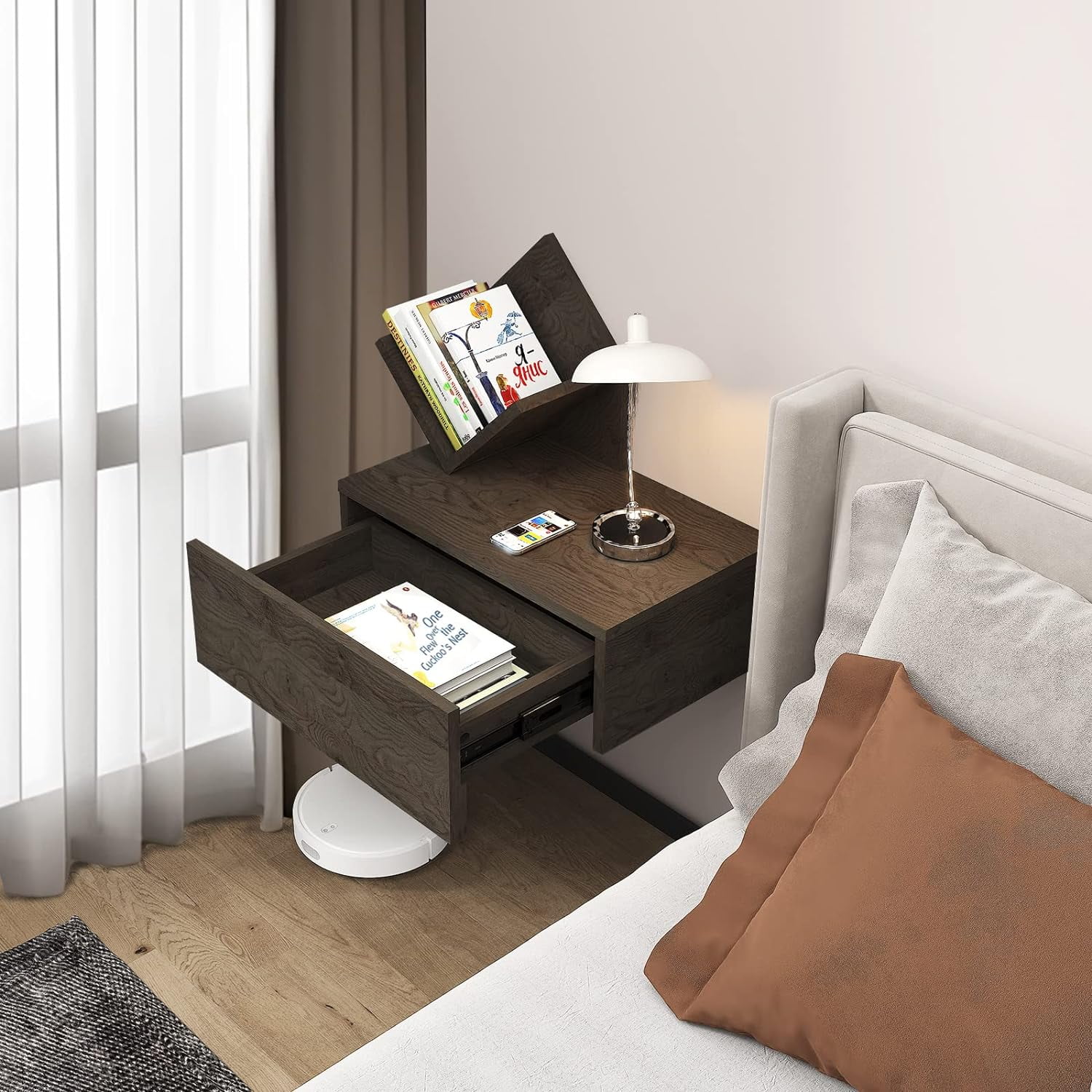 YGDU Floating Nightstand with Drawer,Wall-Mounted Night Stand,Rustic Wood End Table,Modern Beside Tables with Storage for Bedroom,Living Room,College Dorm(Dark Grey,Right)