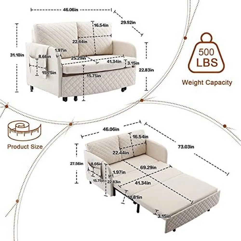 NLIBOOMLife Pull Out Futon Sofa Bed  Convertible Small Loveseat Sleeper with  Drawer  3 in 1 Futon Couch with Removable Pocket and 2 Pillows  Modern Love Seat for Living Room  Guest Room