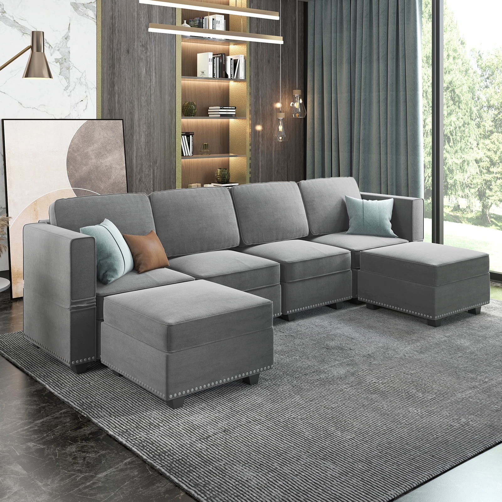 MUZZ Convertible Sectional Sofa Couch, U Shaped Sleeper Couch with Adjustable Back and Armrests & Storage Seats, Modular Sofa Couch with Convertible Chaise, Light Grey