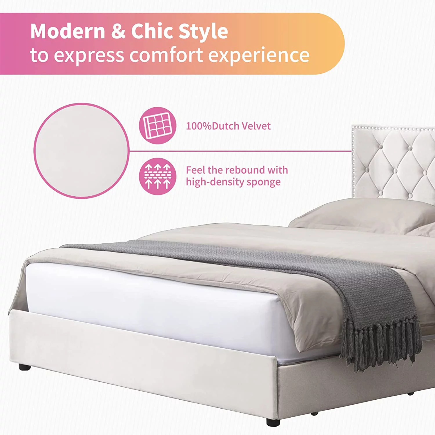 Mixoy Modern Queen Size Platform Bed Frame with 4 Large Drawers and Tufted Headboard, Wooden Slats Support(Queen,Beige)