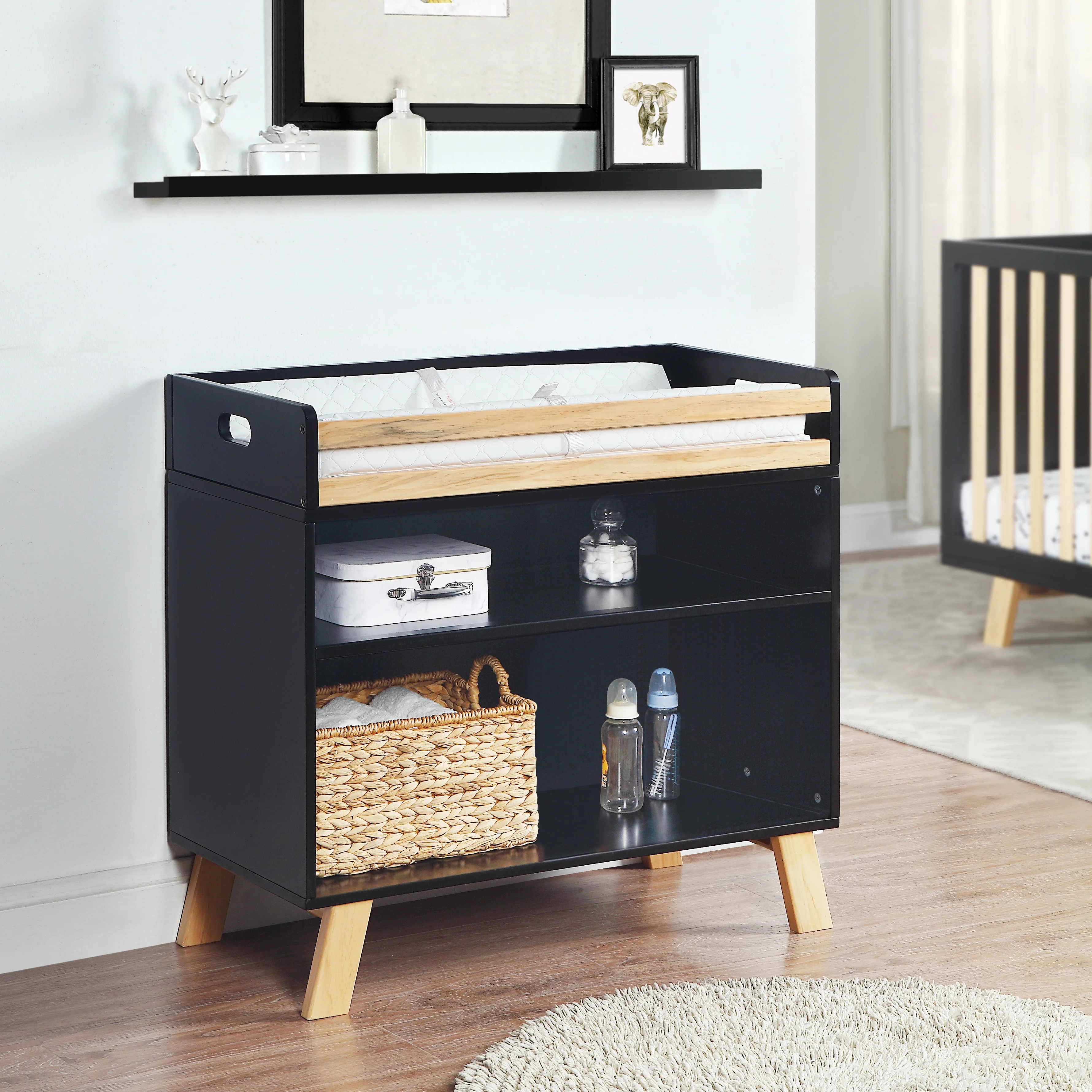 Glavbiku Multipurpose Convertible Changing Table with 2 Shelves,Black