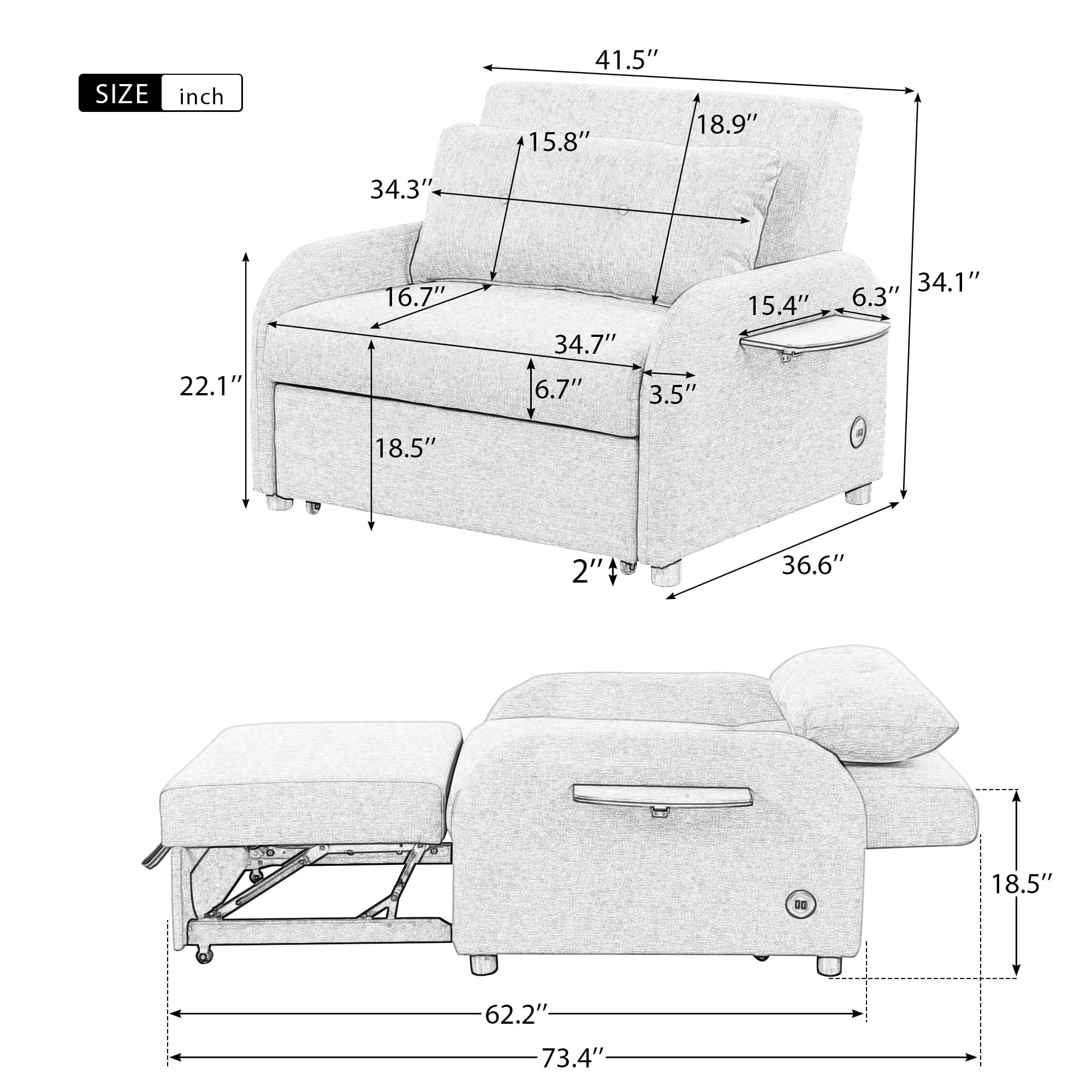 Modern Pull Out Sleeper Sofa Bed with 2 Wing Table and USB Charge Sofa