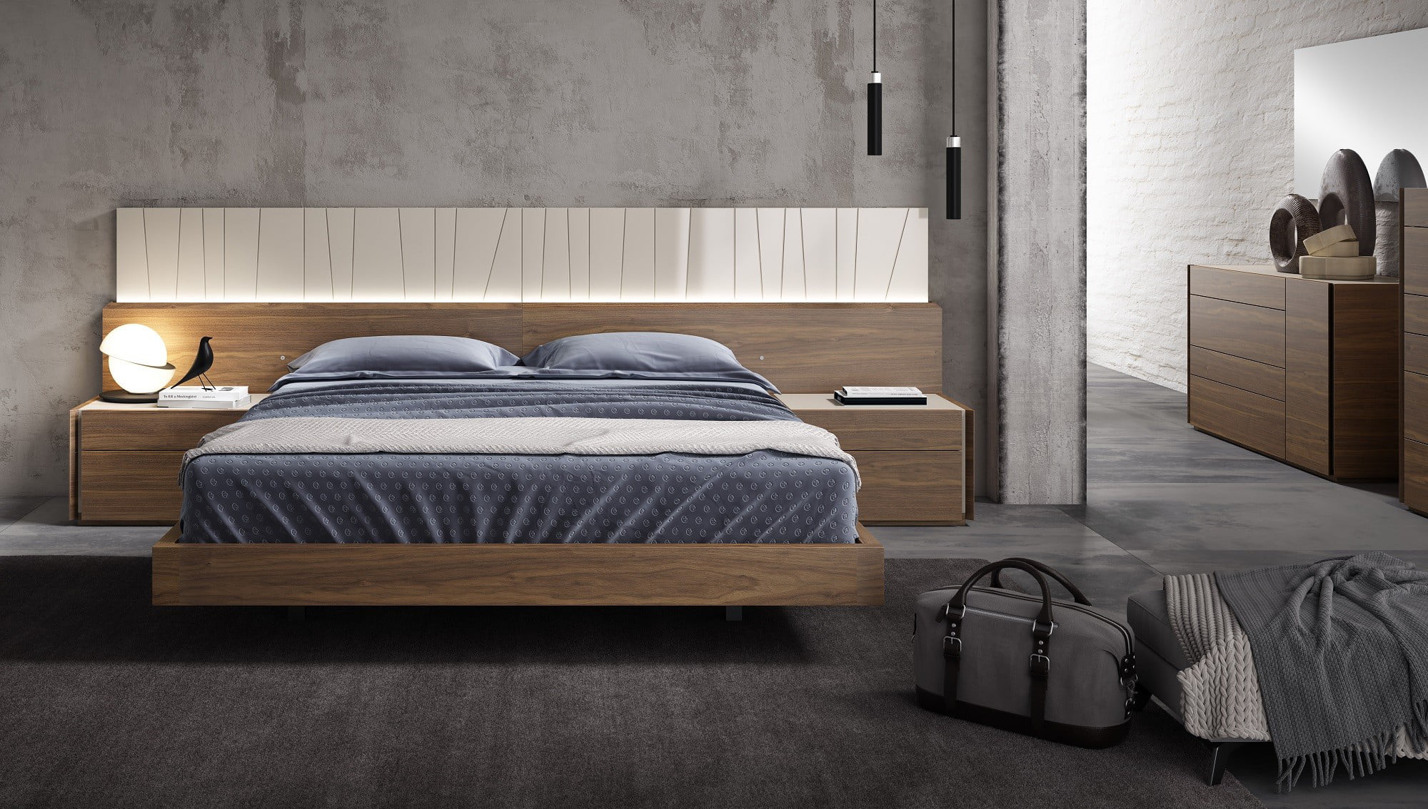 J&M Furniture Porto Premium Bedroom Set in Walnut with Light Grey with 6 piece queen bed, chest, dresser, mirror and 2 nightstand, queen bedroom set