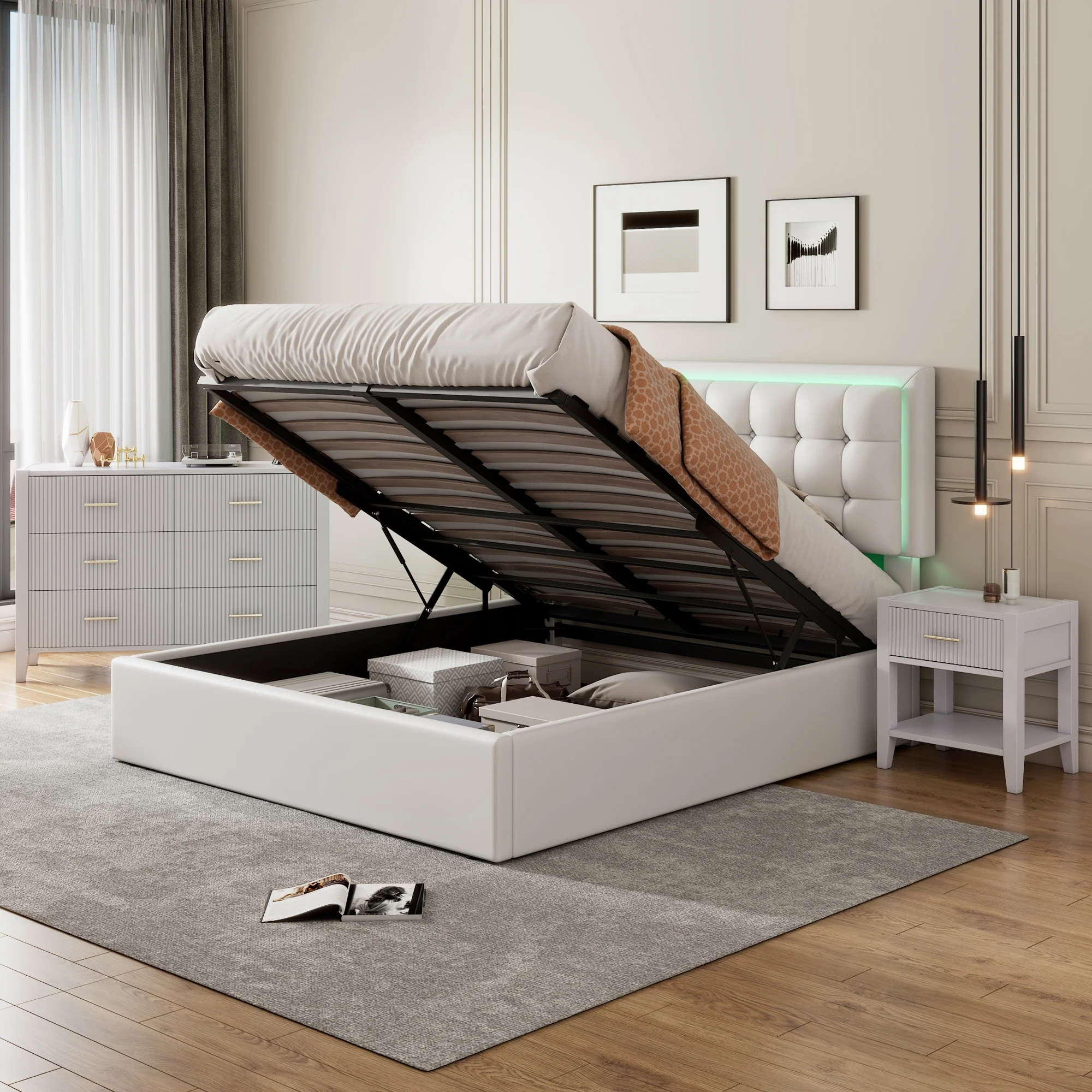 CoSoTower 3-Pieces Bedroom Sets Queen Size Tufted Upholstered PU Platform Bed with Nightstand and Storage Dresser, White