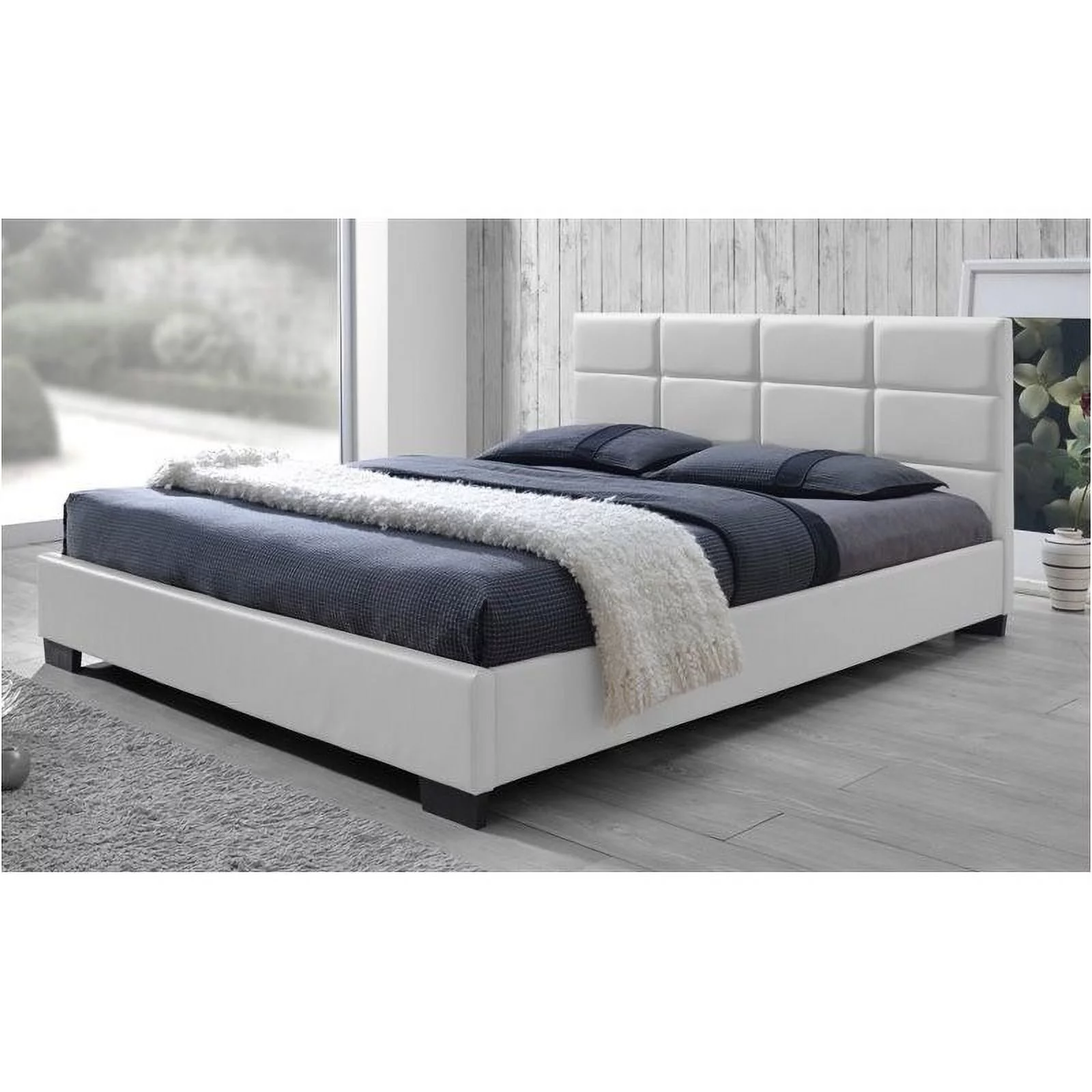 Bowery Hill Modern Faux Leather Upholstered Queen Platform Bed in White
