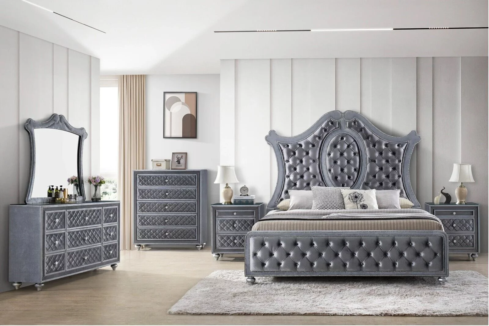 5pc Traditional Upholstered Queen Size Panel Bed Set Arched Headboard Master Bedroom Furniture